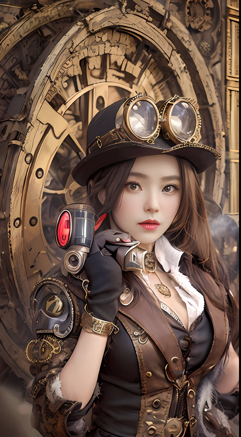 Woman in steampunk costume taking photo, wearing steampunk attire, steampunk fantasy style, (Steampunk), ( Steampunk ), a steampunk beautiful goddess, steampunk beautiful anime woman, Steampunk Girl, Steampunk style, steampunk fantasy, Steampunk, steampunk inventor girl, golden steampunk, steampunc, steampunc, Set in a steampunk world, Vivid steampunk concept