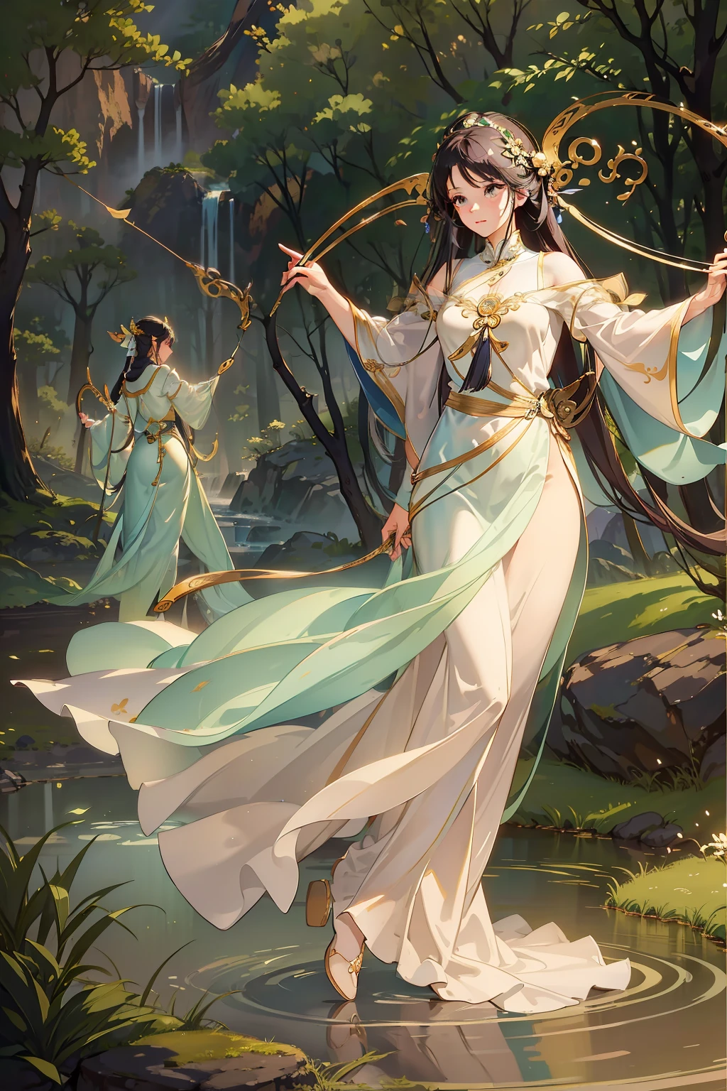 "Antique picture quality,Wonderland of light and shadow,Foggy,A fairy in white clothes,Take a leisurely walk,Elegant dancing,Wearing an ancient long dress,Flowing hair,Traditional bow and arrow,Winding trails,Hazy woods,Looking out over the mountains,The stream flows,quaint buildings,Landscape with melodious music"