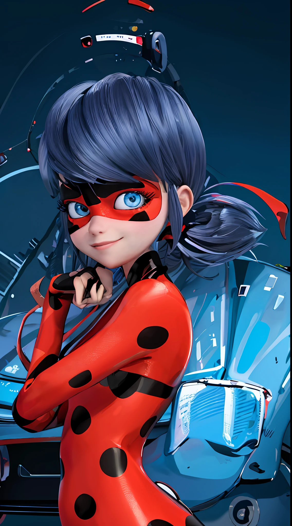(Masterpiece: 1.4, Best Quality)++, (Super Detail)+, (Best Quality, Super Detail, Vivid Colors, Rich Colors, Dynamic Angles, High Contrast: 1.2), (Red Background Black Circle Spot Eye Mask), (Red Background Round Black Dot Tight), Cute Girl, (Solo: 1.3), Blue Hair Double Horsetail, (Gem like Blue Eyes: 1.3), Popular,Beautiful Science Fiction Cyberspace Night Scene Background