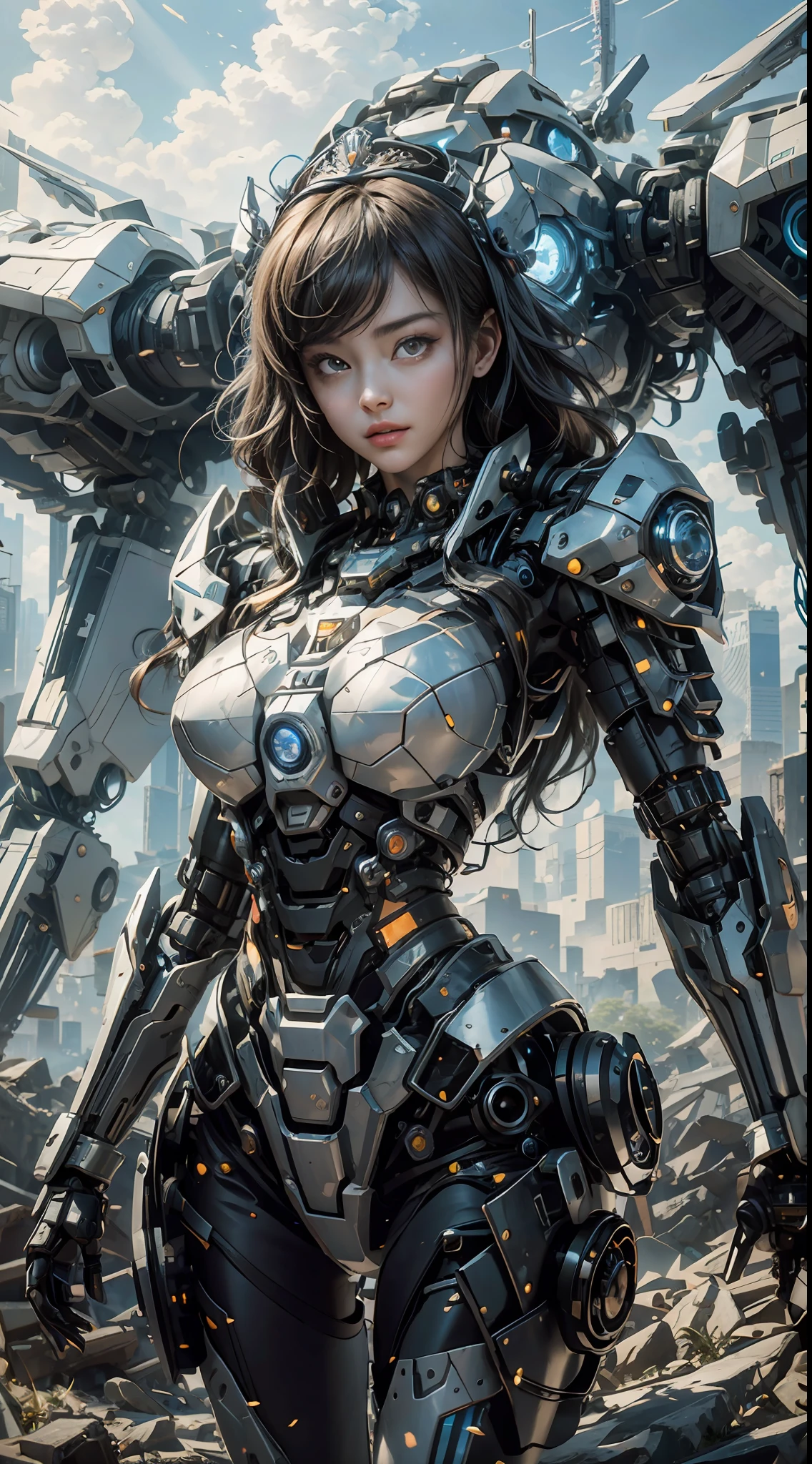 ((Best Quality)), ((Masterpiece)), (Very Detailed:1.3), 3D, Shitu-mecha, Beautiful cyberpunk woman wearing a crown with her mecha in ruins of a city of forgotten wars, streets with mecha in firefight, long silver hair, sci-fi technology, HDR (High Dynamic Range), ray tracing, NVIDIA RTX, super resolution, Unreal 5, subsurface scattering, PBR texture, post-processing, anisotropic filtering, depth of field, maximum sharpness and sharpness, Multi-layer textures, albedo and specular maps, surface shading, accurate simulation of light-material interactions, perfect ratios, octane rendering, duotone lighting, low ISO, white balance, rule of thirds, wide aperture, 8K RAW, efficient sub-pixels, subpixel convolution, luminous particles, light scattering, Tyndall effect