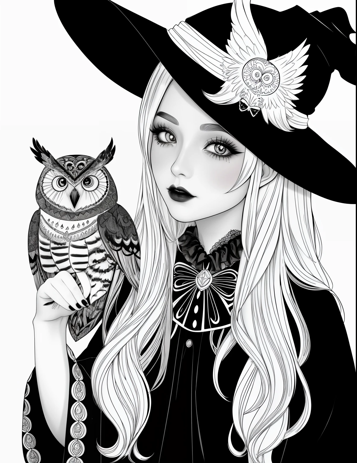 A coloring page with a girl and an owl in a Halloween scene, beautiful witch spooky female, line art colouring page, Retrato de uma jovem bruxa, Bruxa bonita com cabelo longo, black and white coloring, beautiful witch female, coloring book outline, Retrato de uma jovem bruxa, bruxa feminina bonita, clean coloring book page, bela arte de linha, arte vetorial em preto e branco