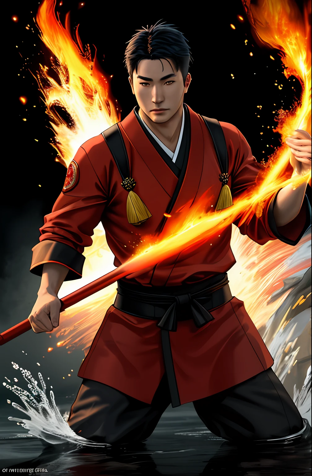 ,Japanese Fire man with water on his hand,man fire , japanese fireman with water in his hands,water,waterthe whole black forest on fire, hell on earth,an fire manstand and look, ultra detailed, action pose, cinematic lighting, volumetric light, subsurface scattering, (detailed clothing, detailed clothing texture), black_background, surrealist:0.33, mature adult:1.6, stunning, award winning, masterpiece,