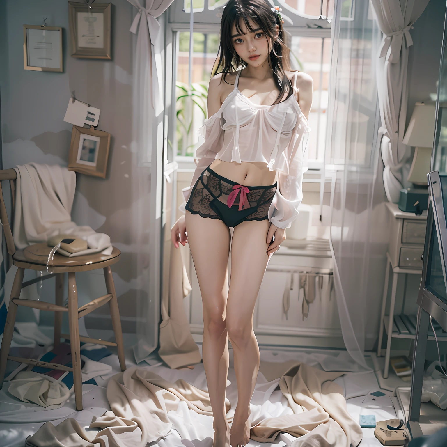 Dilapidated cells,y standing pose,Random white transparent sexmall lingerie and pantiebody portrait 1.1,18 years old girls,lean and slender body,Skinny,Smaller bust,The barefoot,Leaky ,Leakage of all breasts,Nakeder the bacing to audience