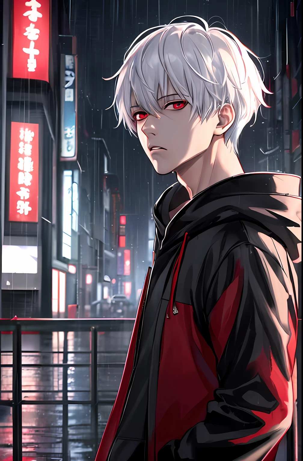kk, best quality, more details, masterpiece, 1boy, kaneki ken, portrait, male focus, red eyes, solo, bangs, looking at viewer, hood, short hair, rain, tokyo tokyo \(city\), hood up, nail polish, white hair, luxurious, 8k, detailed, ray tracing, depth of field, cinematic lighting,