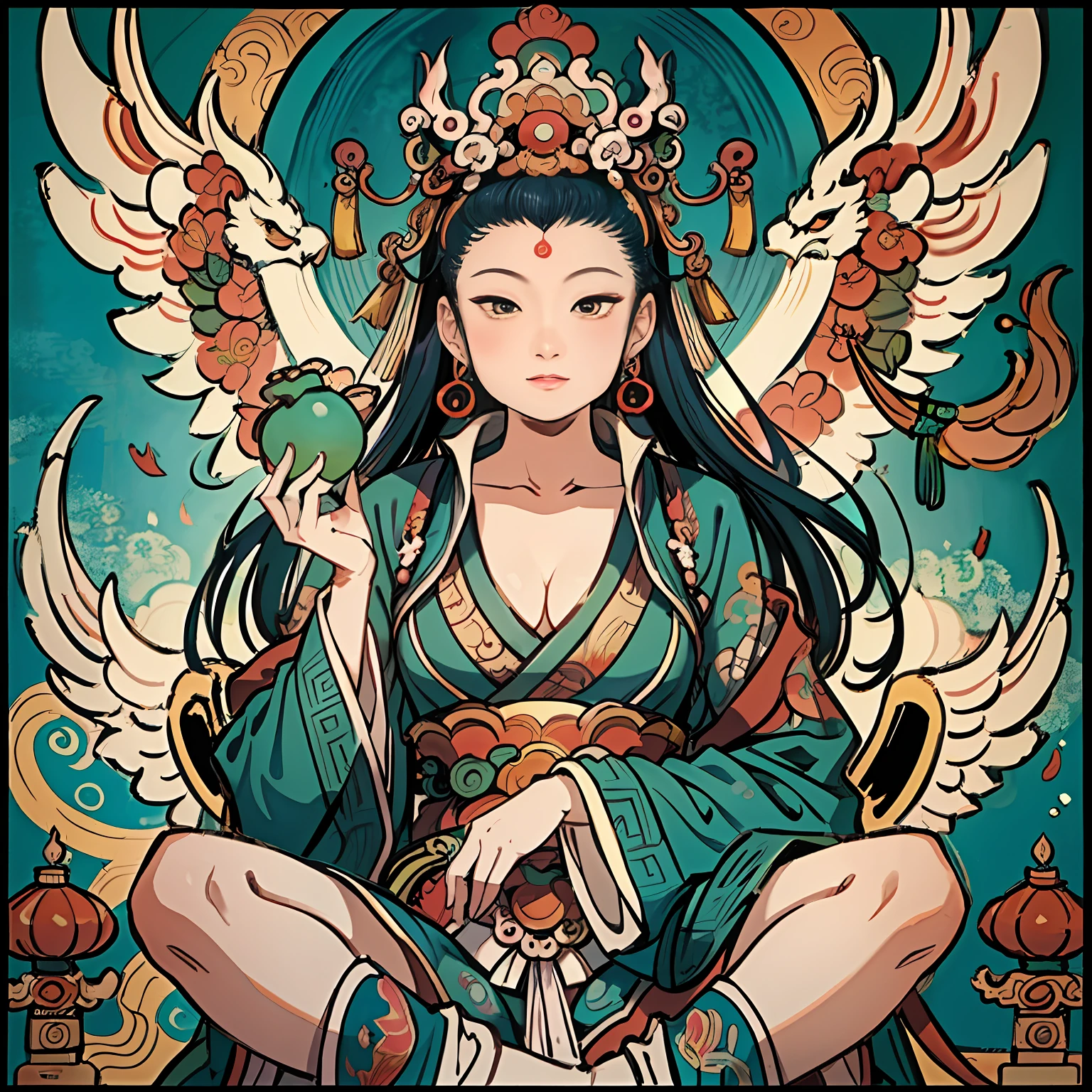 an ancient Chinese goddess, guanyin of the southern seas, Guanyin, Inspired by India, Avalokiteshvara rides a phoenix,,Serene expression,shui mo hua,Buddha,Buddhist,Lotus,Chinese painting style,Thangka style