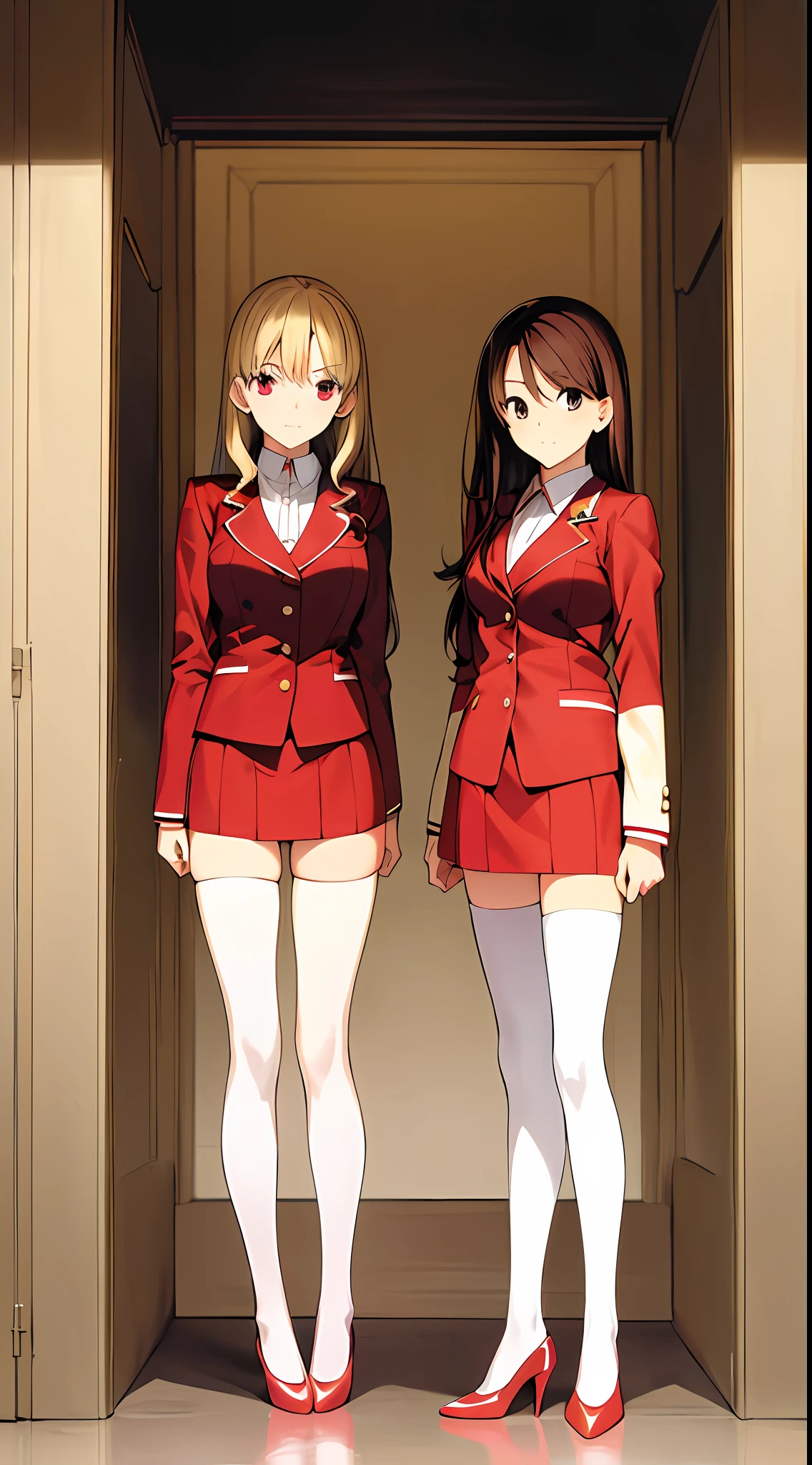 takeuchi takashi, ((Masterpiece, highres)), 2girls, duo, twins, teenagers,  ((one brown haired girl, one blonde girl)), long hair, curly hair, matching hairstyles, different hair color, confident, elegant, rich girls, hazel eyes, happy, (((matching outfits, identical outfits, matching uniforms, red blazer, red pencil skirt, white thighhighs, thighhigh socks, red high heels, same color outfits))), standing at attention, shoulder to shoulder, same pose