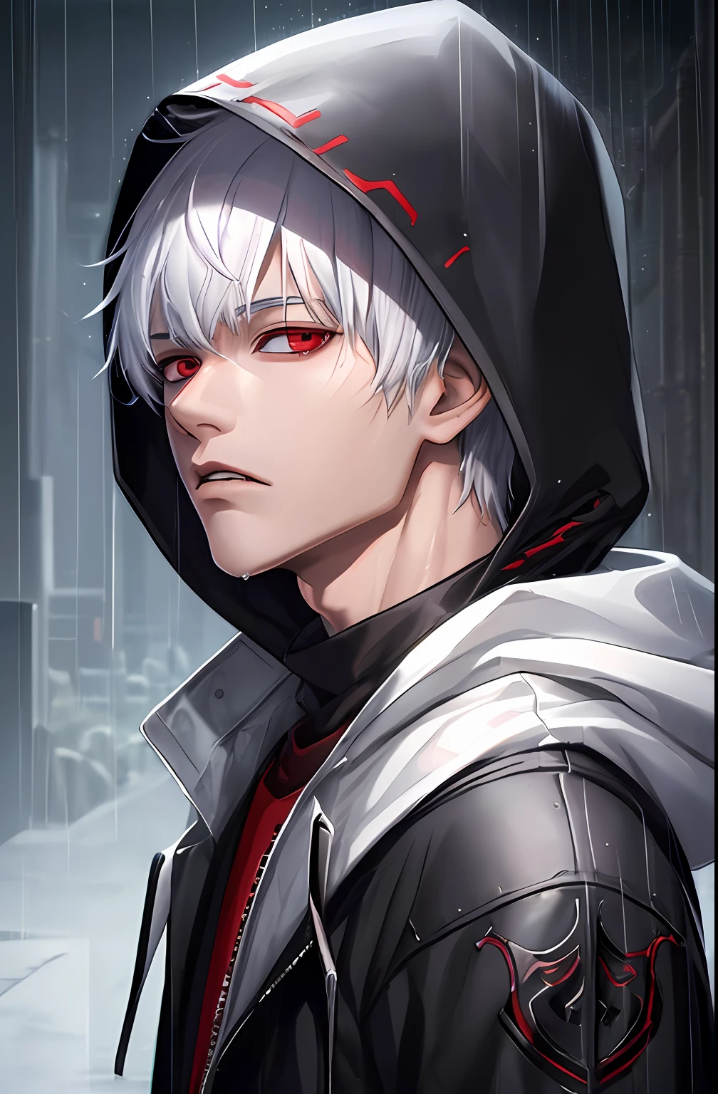 kk, best quality, more details, masterpiece, 1boy, kaneki ken, portrait, male focus, red eyes, solo, bangs, looking at viewer, hood, short hair, rain, tokyo tokyo \(city\),  hood up, nail polish, white hair, luxurious, 8k, detailed, ray tracing, depth of field, cinematic lighting,