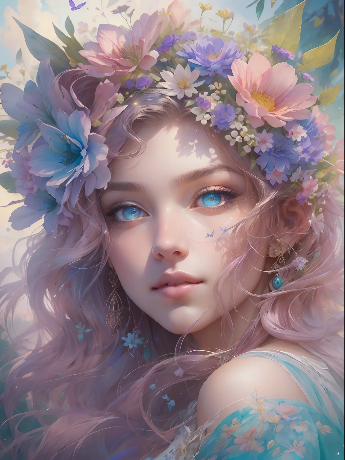 This artwork is dreamy and in the style of mythic fantasy, with soft watercolor hues in varying shades of pink, blue, and purple. Generate an ornate figure from Greek mythology and realistic skin and hair texture. Her strong, proud face has realistically shaded eyes and puffy lips, and a big mouth. Her soft, realistic hair is dancing in the breeze along with the flowers and detailed butterflies that surround her. Include highly detailed fantasy touches including a beautiful watercolor sky. Include 8k eyes, hires eyes, beautiful detail eyes, beautiful detailed eyes, and realistic eyes. Include fantasy details, enhanced details, iridescence, and colorful glitter. Pay special attention to her face and make sure it is beautifully and realistically detailed. 8k, intricate, elegant, highly detailed, majestic, digital photography, art by artgerm and ruan jia and greg rutkowski, (((masterpiece, finely detailed beautiful eyes: 1.2))), hdr, ((realistic skin texture)), rays of light, ornate flowers, dew drops, sunlight, hazy rays of sun, flowergateway style, castle, palace, archway, flowers, growing