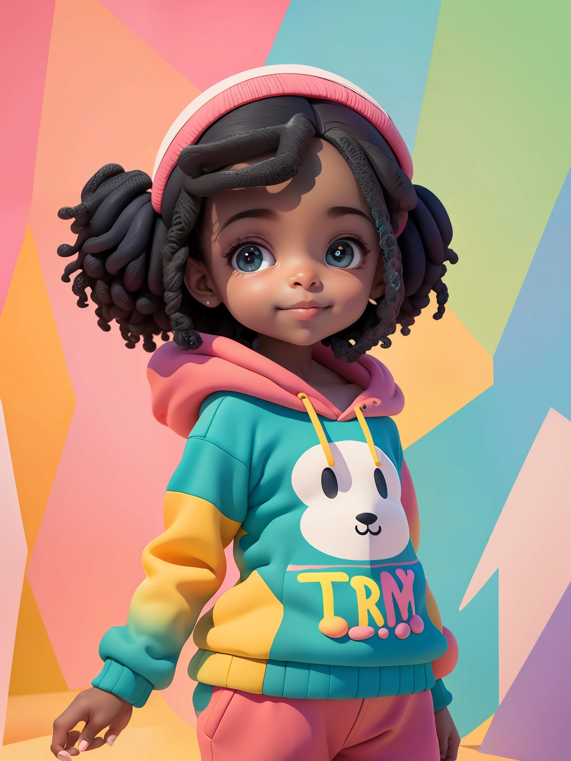 (obra-prima), (melhor qualidade), (ultra-detalhado), (corpo inteiro: 1.2) baby menina negra bonita e fofa, tema frutas, capuz, moletom colorido, Knitted jumpsuits, Pants, jaqueta, blusa, sorriso claro, corpo inteiro, :3, fundo tom pastel , colorido e simples.