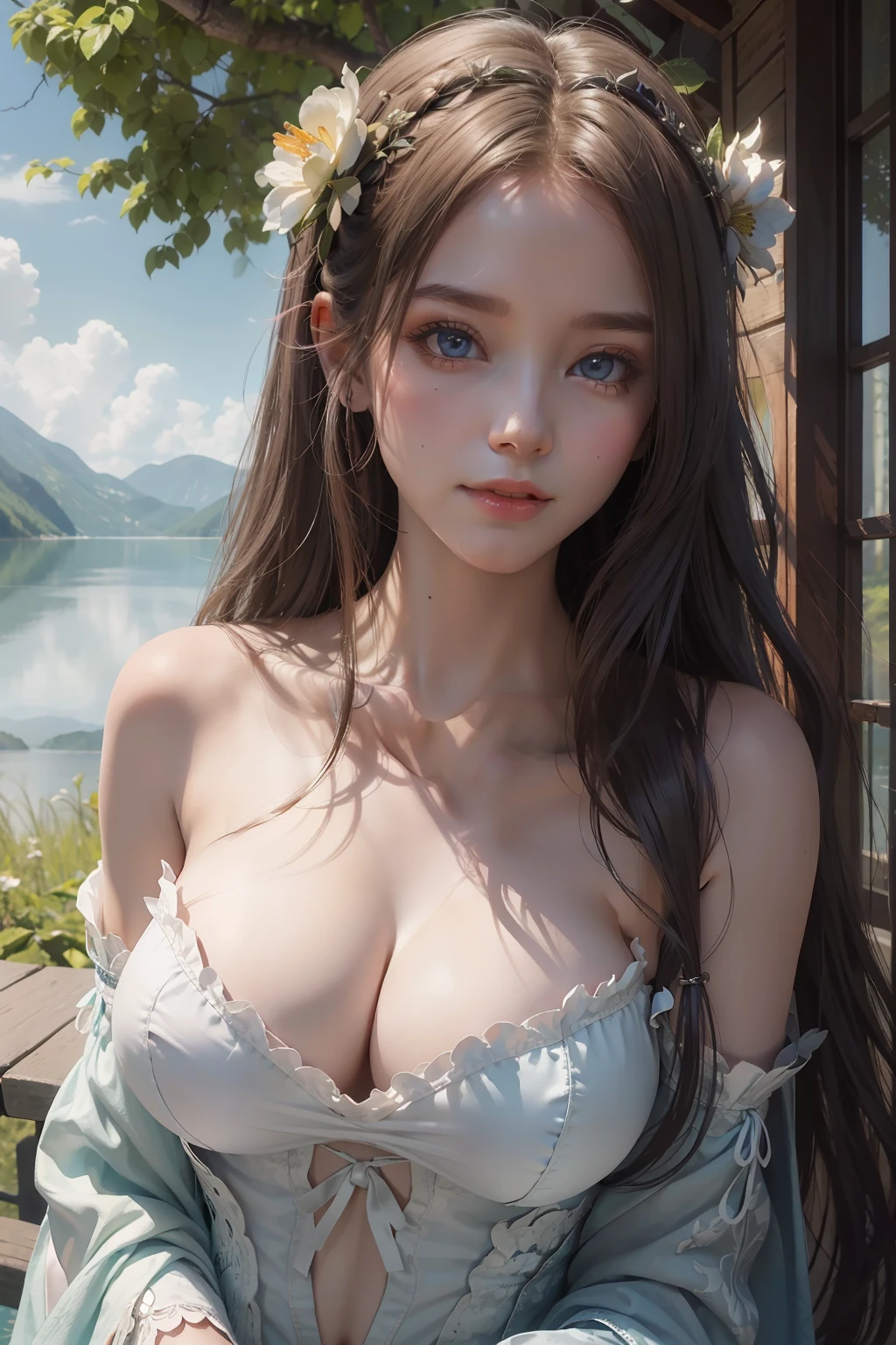 Enchanting succubus,,Ethereal beauty, Inhabit the clouds,tmasterpiece,best qualtiy,offcial art,8k wallpaper,The is very detailed,illustratio,1个Giant Breast Girl,long whitr hair,Detailed eyes,Forrest gump,exposed bare shoulders,Hanfu,lakes,pure,softl smile,photorealestic