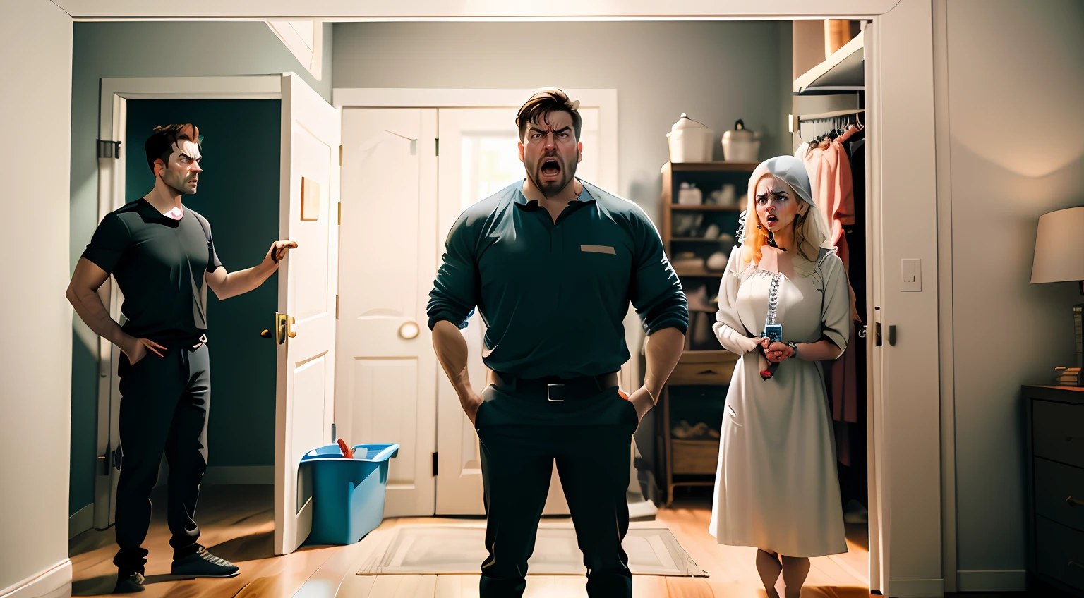 Funny cartoon picture of  3 people ((one angry husband, a pale-looking wife and one anxious plumber)) standing before a  open closet in a clear bedroom, plumber comes out of closet, misunderstanding, arguing, awkward situation, highly detailed, no furniture