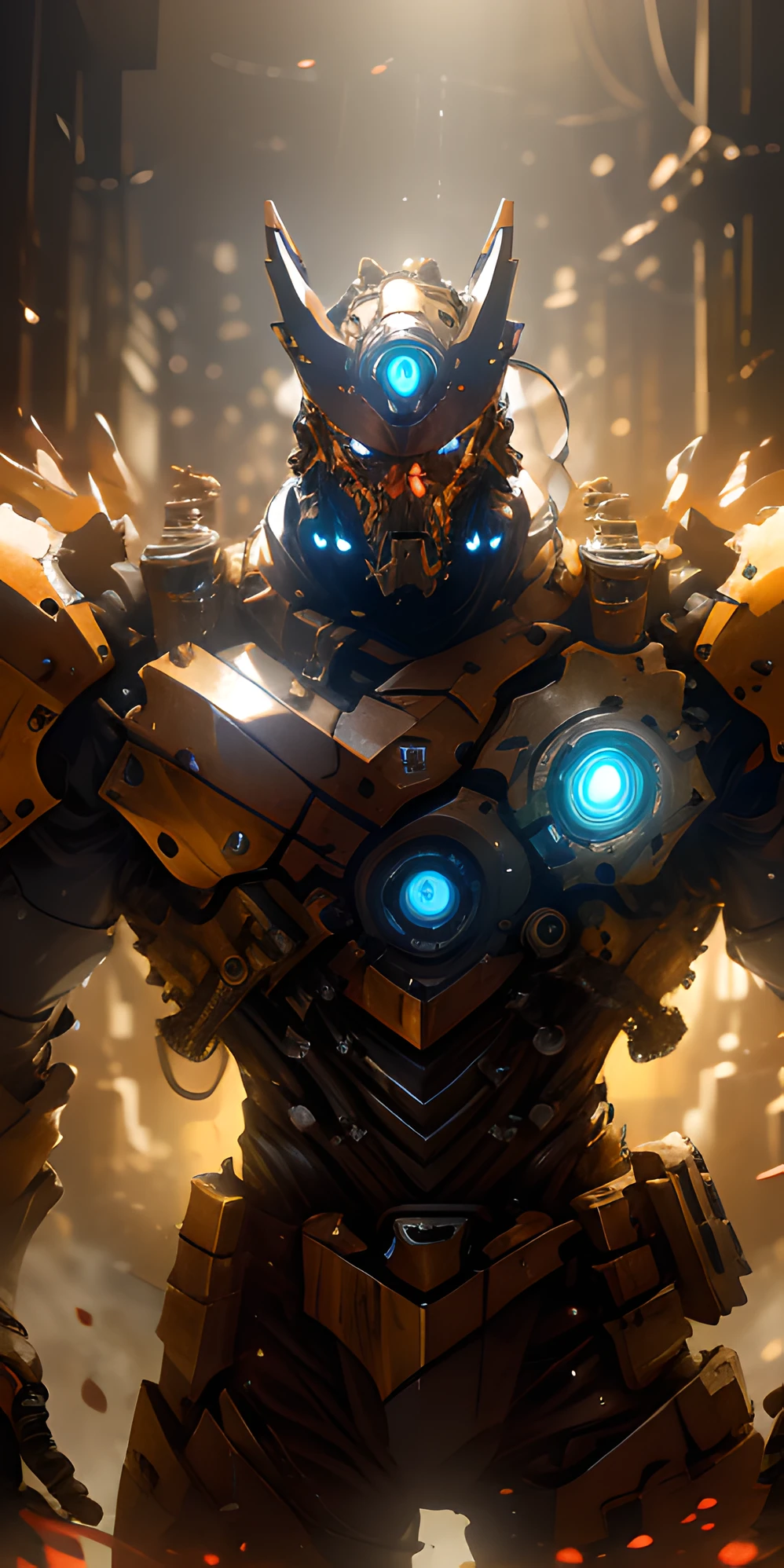Portrait photo of an alpha male, perfect eyes, in a worn mecha suit, intricate, (steel metal [rust]), elegant, sharp focus, photo by greg rutkowski, soft lighting, vibrant colors, masterpiece, ((streets)), cowboy shot, dynamic pose,