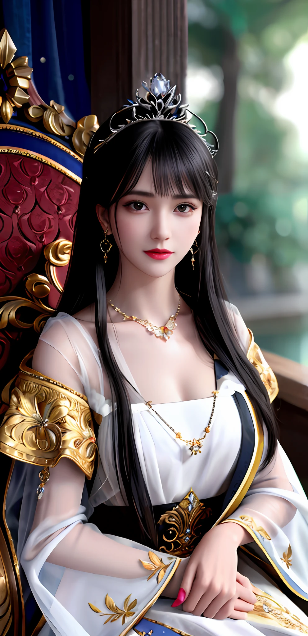 (realisticity: 1.2), best quality, 8K UHD, masterpiece, highres,cg,
1 super detailed girl, super detailed queen
, sitting on a super detailed royal throne, lud, xurious royal palace background, beautiful and detailed, super detailed long hair, wearing a beautiful and luxurious crown with diamonds and super detailed,
super detailed dress, Super detailed dress sleeves, super detailed beautiful earrings, Beautiful and beautiful necklace full of super detailed diamonds,
solo, jewelry, super detailed red and yellow dress, pretty face, beautiful, and super detailed,
, earrings, super detailed hairdo, splashing, the upper body is very super detailed, super detailed hair bun, super detailed black hair,
lighting,candid,Photograph,high resolution,4k,8k,Bokeh,