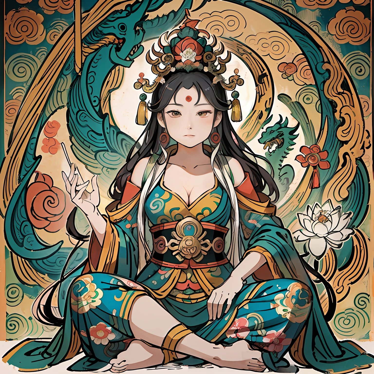 an ancient Chinese goddess, guanyin of the southern seas, Guanyin, Inspired by India, Avalokiteshvara rides a dragon,,Serene expression,shui mo hua,Buddha,Buddhist,Lotus,Chinese painting style,Thangka style