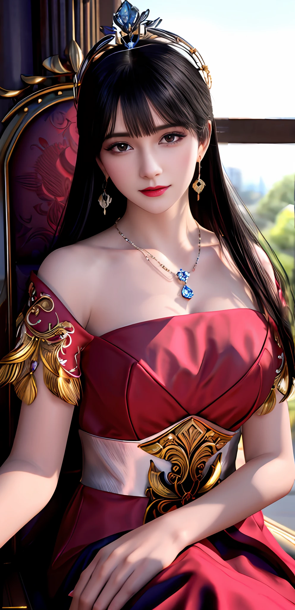 (realisticity: 1.2), best quality, 8K UHD, masterpiece, highres,cg,
1 super detailed girl, super detailed queen

, sitting on a super detailed royal throne, lud, xurious royal palace background, beautiful and detailed, super detailed long hair, wearing a beautiful and luxurious crown with diamonds and super detailed,

super detailed dress, Super detailed dress sleeves, super detailed beautiful earrings, Beautiful and beautiful necklace full of super detailed diamonds,  
 solo, jewelry, super detailed red and yellow dress, pretty face, beautiful, and super detailed, 

, earrings, super detailed hairdo, splashing, the upper body is very super detailed, super detailed hair bun, super detailed black hair,
lighting,candid,Photograph,high resolution,4k,8k,Bokeh,