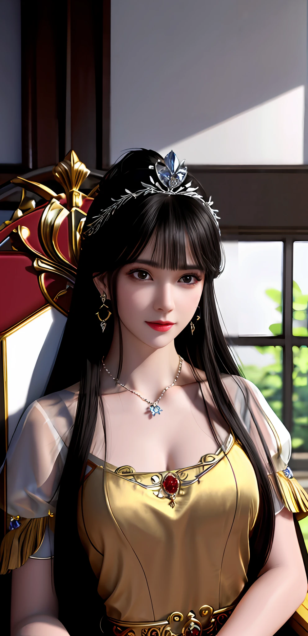 (realisticity: 1.2), best quality, 8K UHD, masterpiece, highres,cg,
1 super detailed girl, super detailed queen
, sitting on a super detailed royal throne, lud, xurious royal palace background, beautiful and detailed, super detailed long hair, wearing a beautiful and luxurious crown with diamonds and super detailed,
super detailed dress, Super detailed dress sleeves, super detailed beautiful earrings, Beautiful and beautiful necklace full of super detailed diamonds,
solo, jewelry, super detailed red and yellow dress, pretty face, beautiful, and super detailed,
, earrings, super detailed hairdo, splashing, the upper body is very super detailed, super detailed hair bun, super detailed black hair,
lighting,candid,Photograph,high resolution,4k,8k,Bokeh,