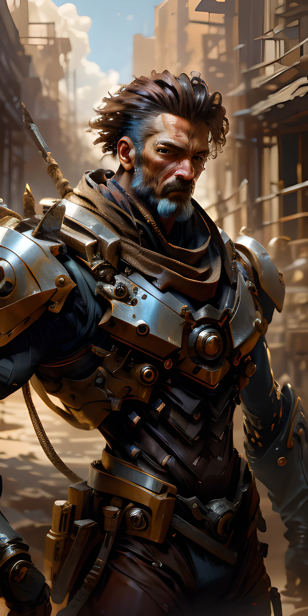 Portrait photo of an alpha male, perfect eyes, in a worn mecha suit, intricate, (steel metal [rust]), elegant, sharp focus, photo by greg rutkowski, soft lighting, vibrant colors, masterpiece, ((streets)), cowboy shot, dynamic pose,