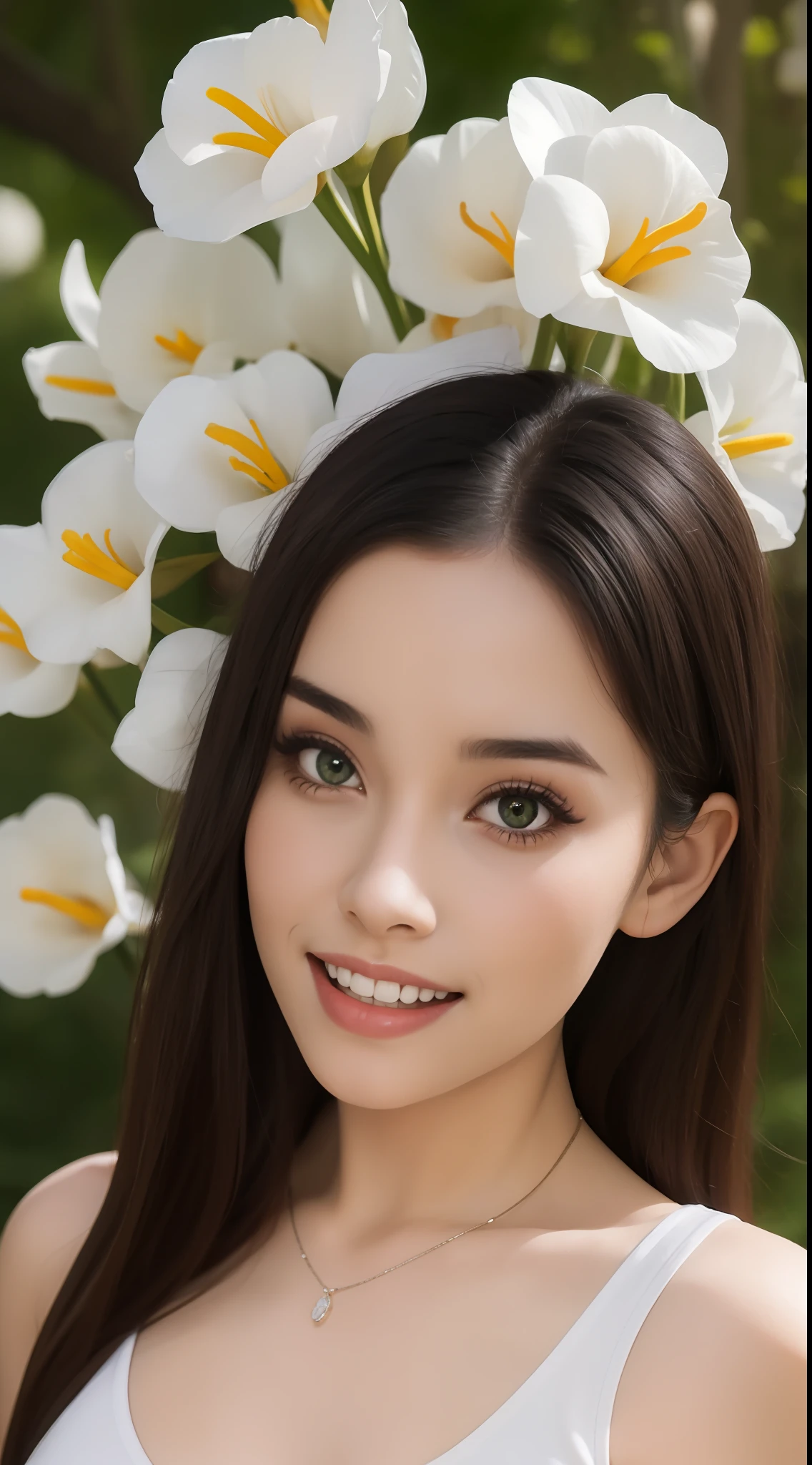 Fashion model 16 years old [[[[closeup cleavage]]]], [[[[boobgasm]]]], [[[[coll]]]], [[[[bshoulders]]]], perfect  eyes, Perfect iris，Perfect lips，perfect teeth，Perfect skin，with fair skin，Soft front light，hdr，Movie girl，Casual，ssmile，The background is outdoor，Green trees and flowers，（pastel colour：1.2）