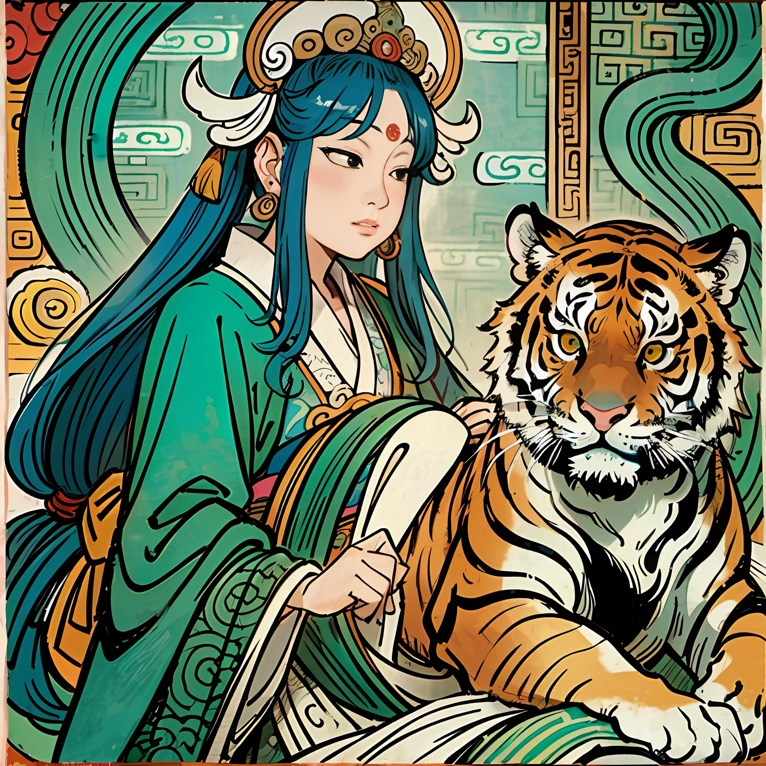 an ancient Chinese goddess, guanyin of the southern seas, Guanyin, Inspired by India, Avalokiteshvara rides a tiger,,Serene expression,shui mo hua,Buddha,Buddhist,Lotus,Chinese painting style,Thangka style