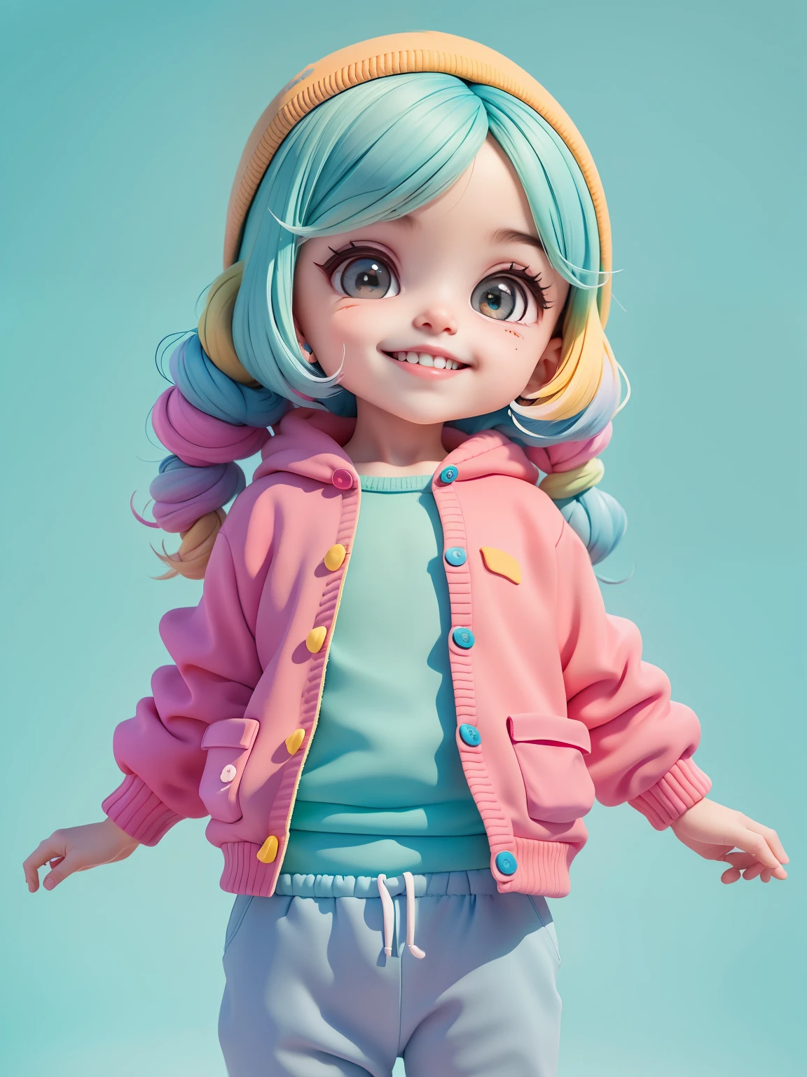 (obra-prima), (melhor qualidade), (ultra-detalhado), (corpo inteiro: 1.2) baby menina bonita e fofa, tema frutas, capuz, moletom colorido, Knitted jumpsuits, Pants, jaqueta, blusa, sorriso claro, corpo inteiro, :3, fundo tom pastel , colorido e simples.