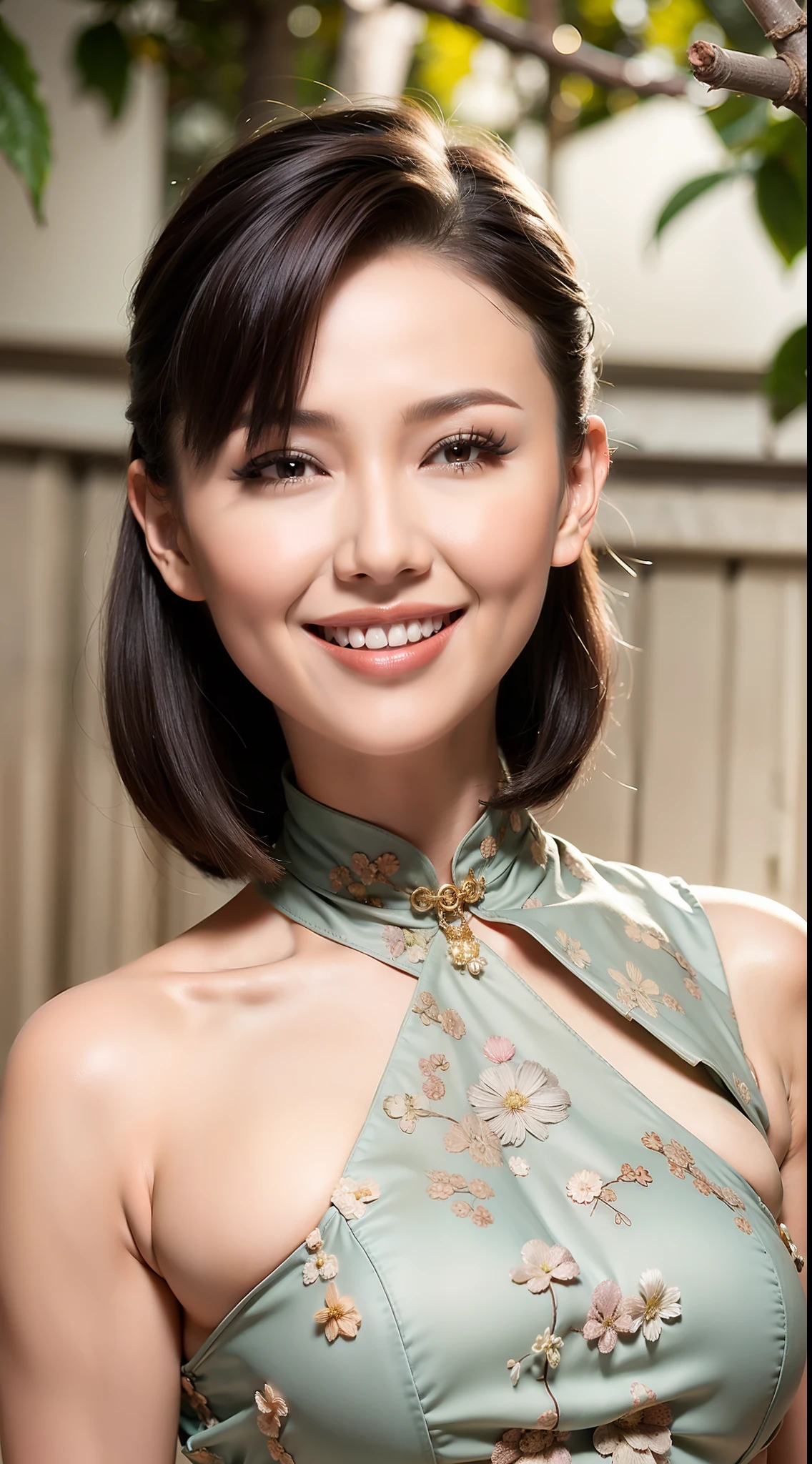 Fashion model 20 years old [[[[closeup cleavage]]]], [[[[boobgasm]]]], [[[[coll]]]], [[[[bshoulders]]]], perfect  eyes, Perfect iris，Perfect lips，perfect teeth，Perfect skin，with fair skin，Long face，slender nose，Soft front light，hdr，Movie girl，on cheongsam，The background is outdoor，Flowers and greenery，（pastel colour：1.2）