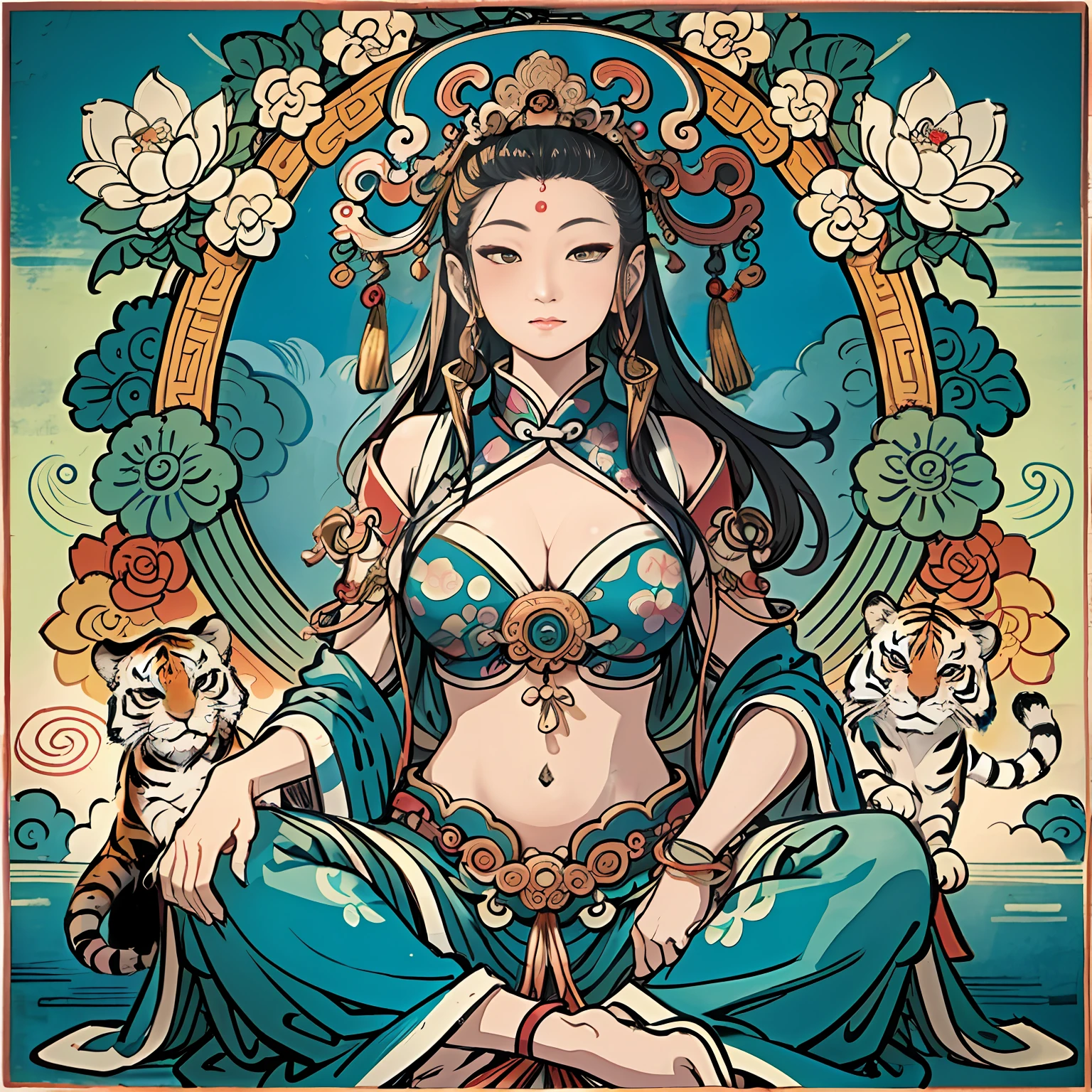 an ancient Chinese goddess, guanyin of the southern seas, Guanyin, Inspired by India, Avalokiteshvara rides a tiger,,Serene expression,shui mo hua,Buddha,Buddhist,Lotus,Chinese painting style,Thangka style