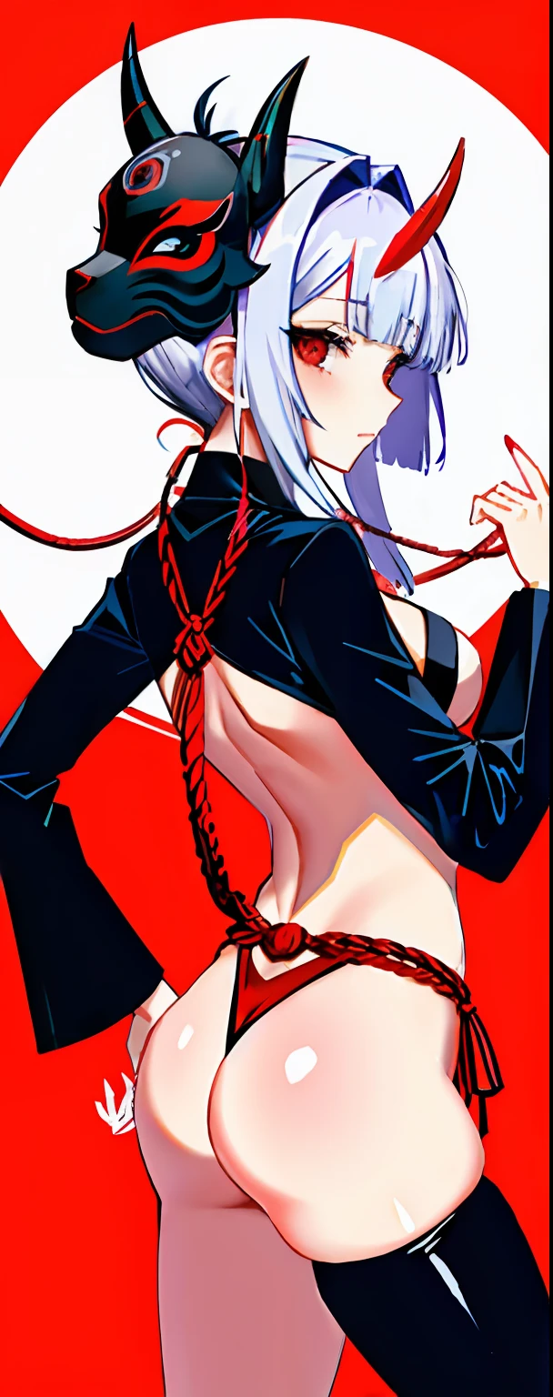 clonion, 1girl, chain, fox_mask, horns, long_sleeves, bare back, mask_on_head, oni_mask, red_eyes, rope, (simple_background), solo, from_side