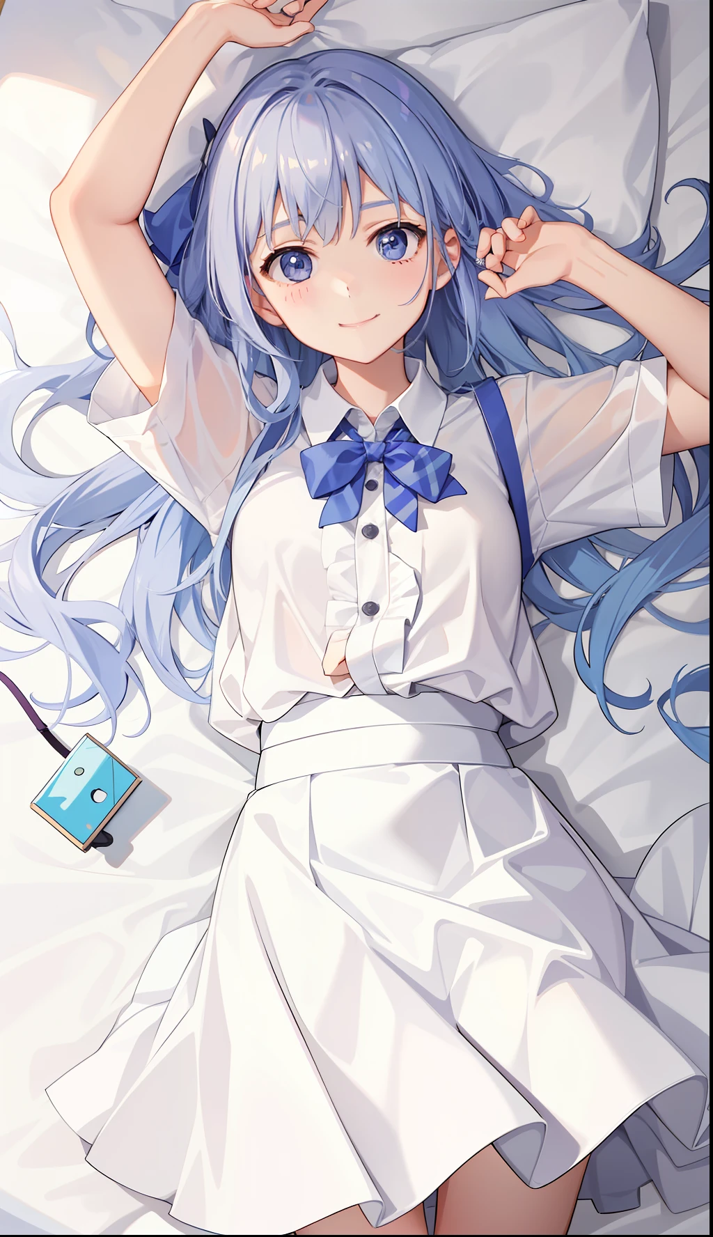 1girl in、A smile、A delightful!　The shirt、pleatedskirt、White skirt、（small tits）Rolling over、