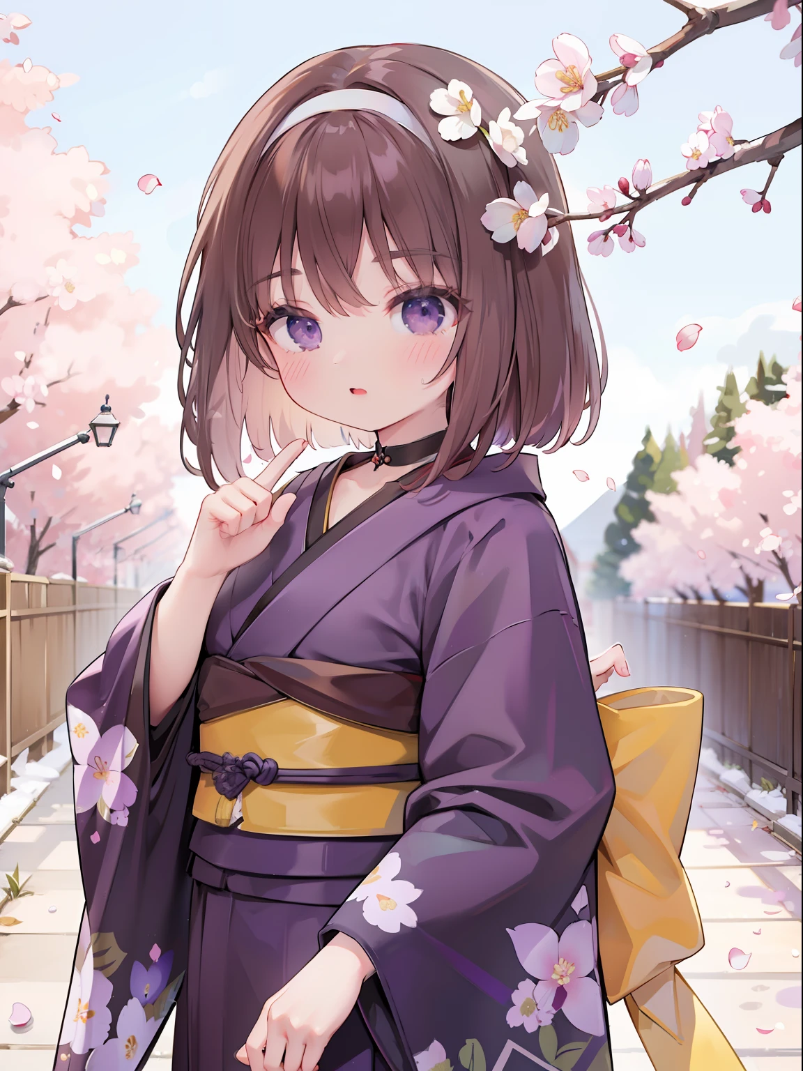 extremely detailed CG unified 8k wallpaper, very fine 8KCG wallpaper, absurderes，Lori ，Best Quality ，ultra-detailliert ，Beautiful face  ，​masterpiece、top-quality ，Best Quality ，ultra-detailliert ，Beautiful face、​masterpiece、top-quality、head band、sumire kanzaki、cups、Violet flowers、Cherry blossoms are blooming、Taisho cityscape