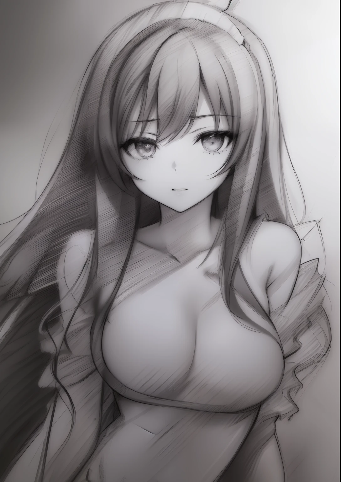 (((black and white drawing, line art, (sketch)))), (anime), highres, (masterpiece), (best quality), official art, hdr, beautiful woman, long hair with sideswept bangs, (medium breasts), maid uniform, seductive pose, face focus, by Yoshitaka Amano