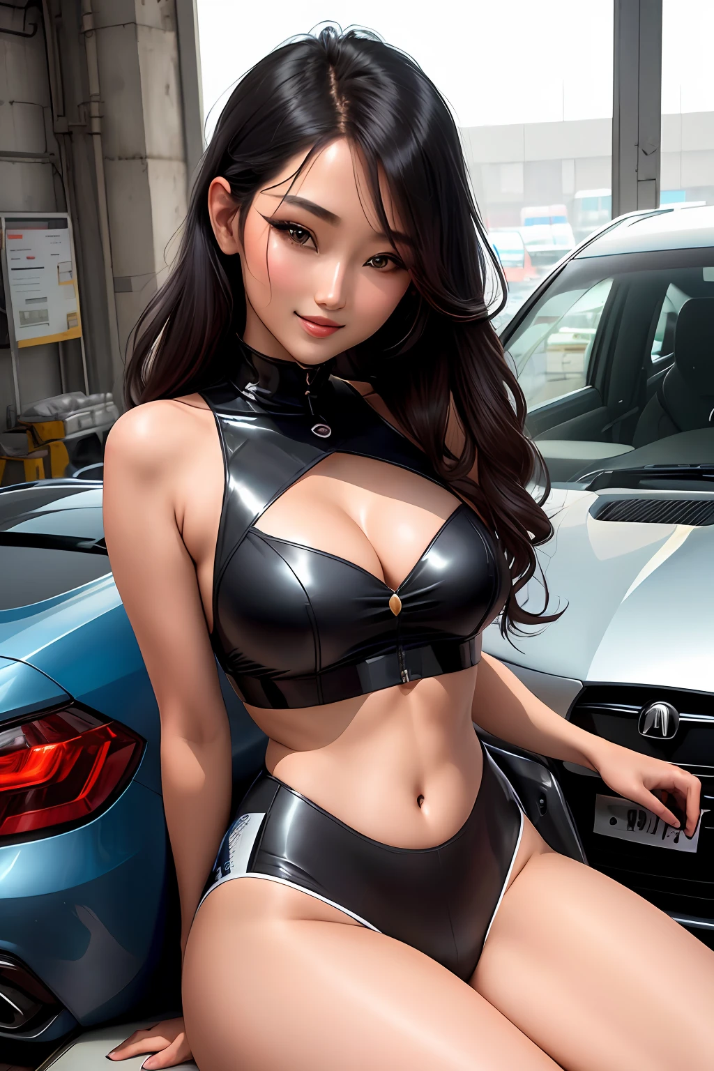 Modella koreana sorridente vestiti sexy bellissimo sedere vestita aderente trasparente da meccanico di auto da corsa in officina