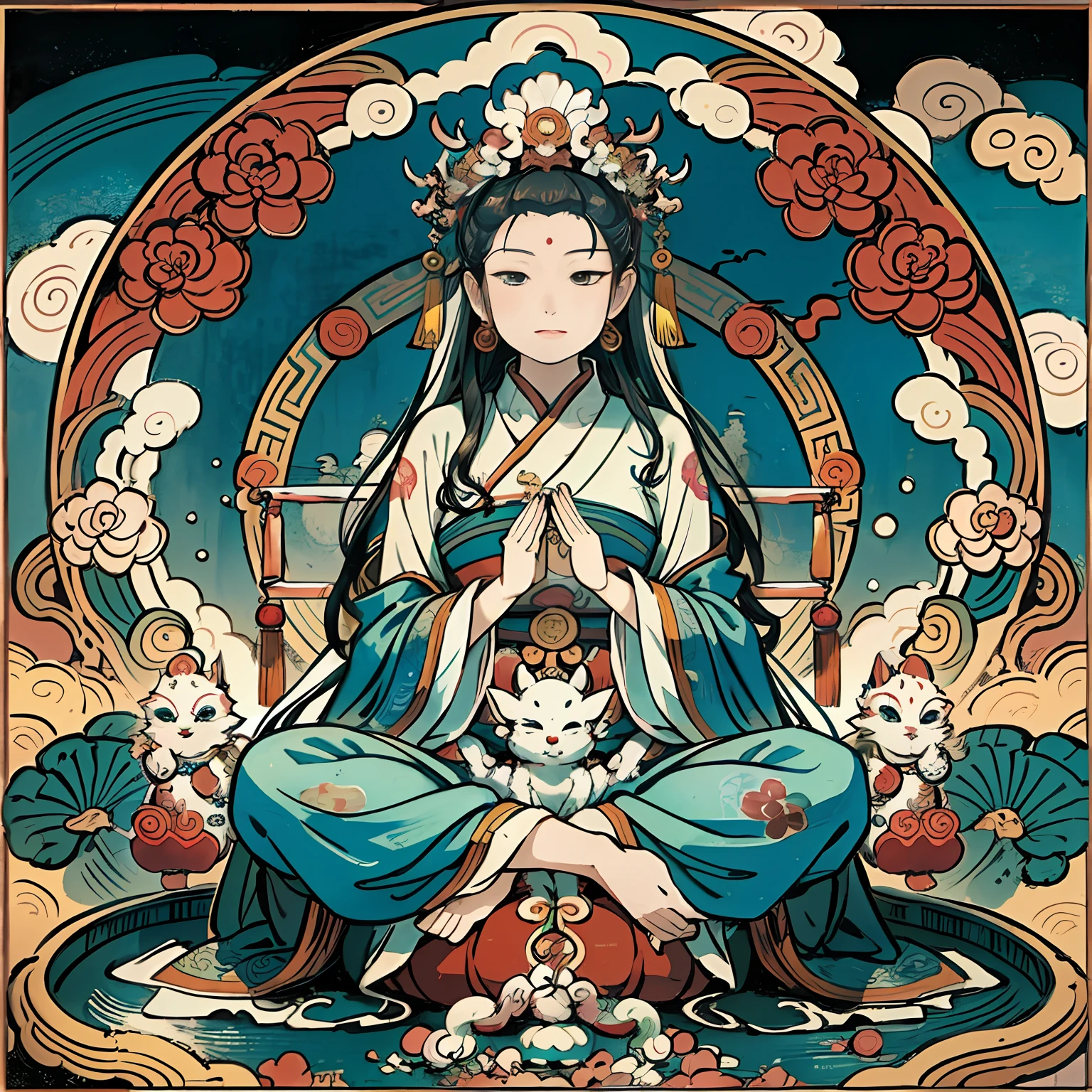 an ancient Chinese goddess, guanyin of the southern seas, Guanyin, Inspired by India, Avalokiteshvara,,Serene expression,shui mo hua,Buddha,Buddhist,Lotus,Chinese painting style,Thangka style