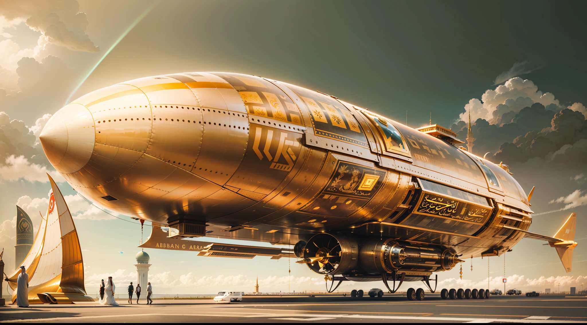 Arabian science fiction luxury airship . A fusion of Arabian luxury and science fiction，The entire hull and giant pod are covered with gold decorations，inlaid gemstones，Arabic decorative motifs，The flat statue of the silver eagle adorns the airship head，A large number of high-tech products，Streamlined，.The design is perfect, Combining high-tech and Arabian characteristics airship body streamlined, moving rapidly，Improve aerodynamic efficiency. . Airships and pods are dominated by gold, Bold, white and black. It may also have Arabic inscriptions on its body，More visible on the road。Under the light, It shows a more luxurious effect, Add a sense of technology to luxury airships. . The background may be in the sky of a future Arab megacity，Perfectcomposition，the detail，The light and shadow work best，HighestQuali，tmasterpiece