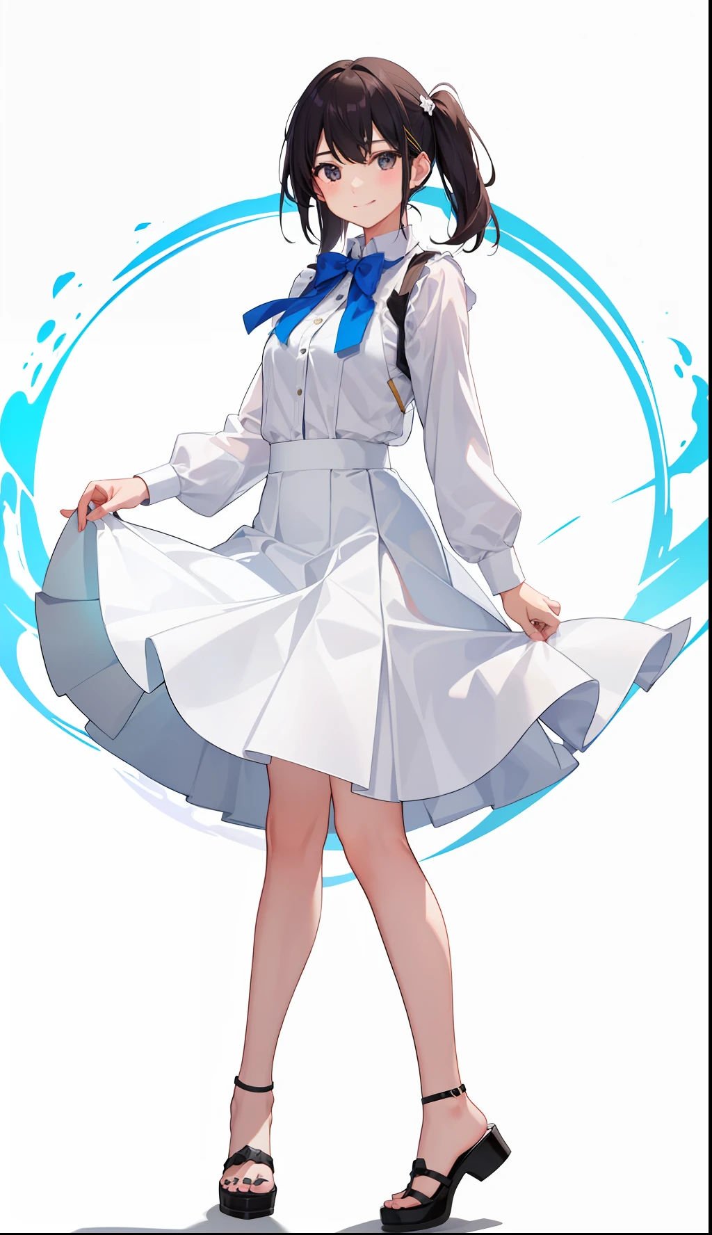 1girl in、A smile、A delightful!　The shirt、pleatedskirt、White skirt、（small tits）Rolling over、