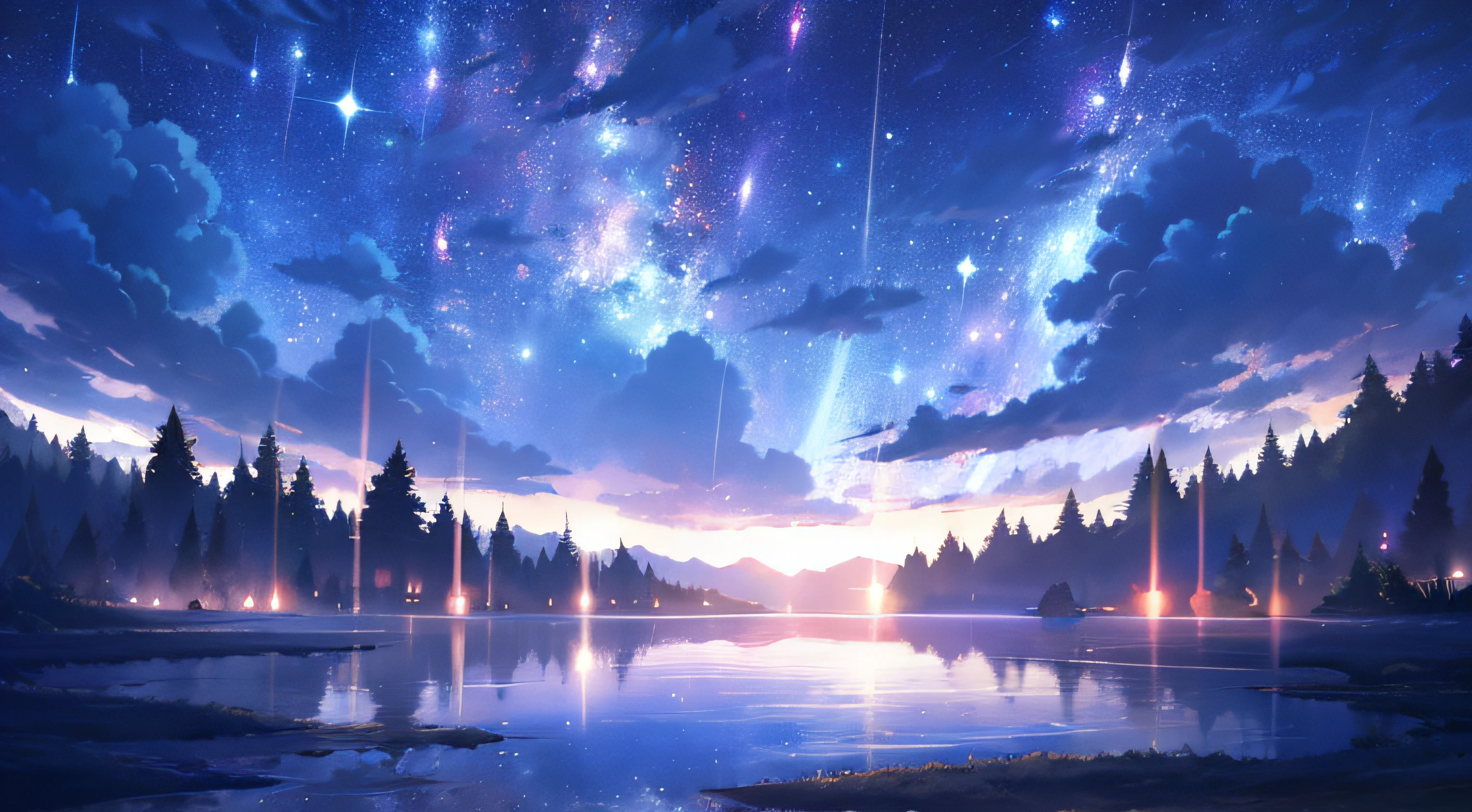 Anime scenery with lakes of mountains and stars, magical sparkling lake, Cosmos Sky. By Makoto Shinkai, beautiful anime scenery, beautiful anime scenes, anime beautiful peace scene, anime landscape wallpapers, Anime background art, Magnificent background, ethereal starlit city at sunset, colorful anime movie background, anime backgrounds, Starry Sky 8 K, anime movie backgrounds