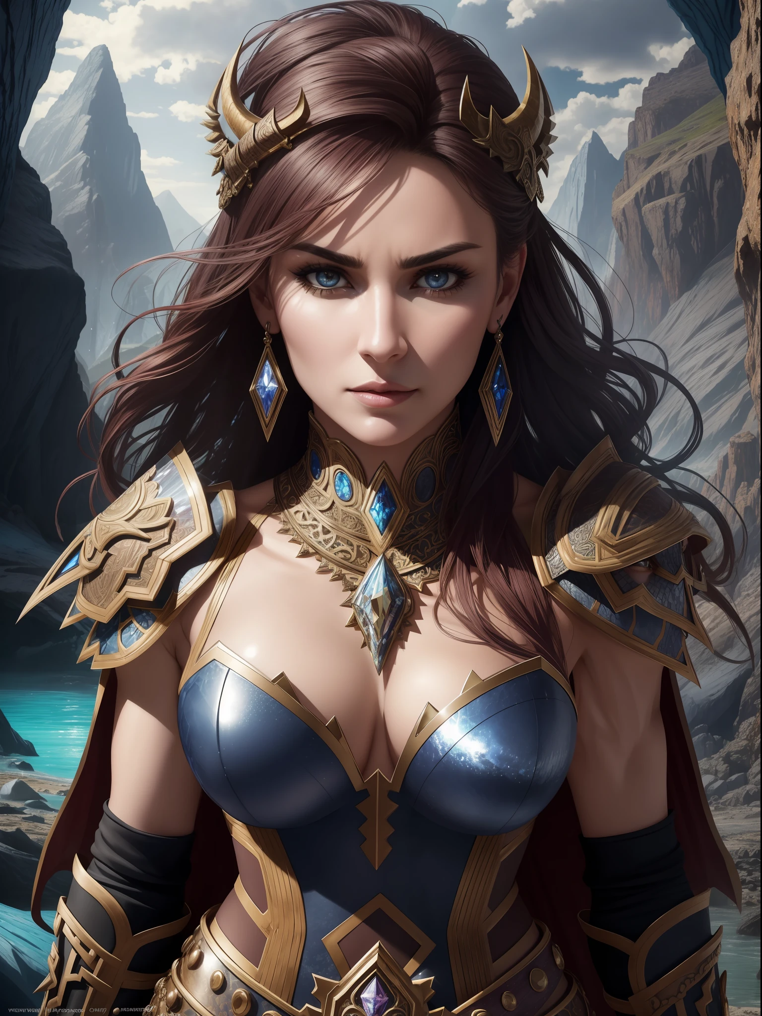 1girl, Mature Woman, Handheld Shot, (Full Body:1.2), (Fit, Abs, Athletic:0.4), (Furled Brow Furrowed Brow Expression Frown Pursed Lips:0.7), ( landscape with Variety, Magical Realism Themes, Crystal Cavern Location1.0) (Masterpiece, Hypermaximalist, Maximalism, Best Quality, 8k, Highres, Absurdres, 4k, High Quality, Ultra High Res, Highest Quality, Ultra Detailed, 8k Uhd, Realistic, Highly Detailed, Ultra-Detailed:1.0), (Cinematic Lighting, Hdr, Raw Photo, Sharp Focus, Photorealistic, Realistic:1.0), (Oval shaped face, Asymmetrical Face Features, Not Perfectly Balanced Proptioned Face Features, Slightly Crooked Nose, Uneven Eyes,:1.2), (Beautiful Face, Detailed Face, Beautiful Eyes, Detailed Eyes, Beautiful Detailed Eyes:1.0), Beast Warrior wearing Metal Medium Chainmail Armor,
