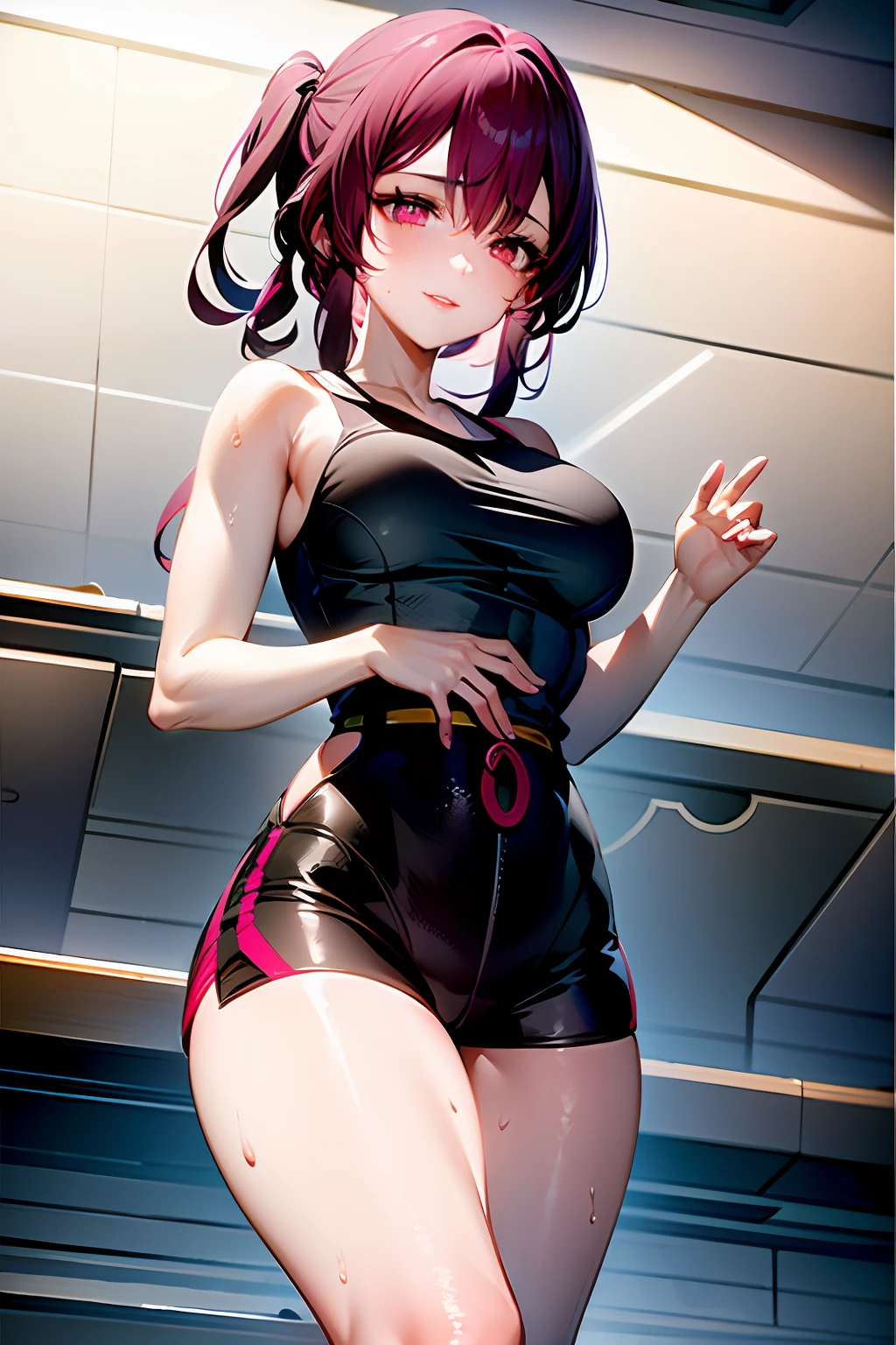 good hand, 4k, 1girl, ) a RAW portrait of a girl working out in the gym), perspiring, sweating, high resolution, masterpiece, best quality, head: 1.3, (Korean K-pop idol), chunli, twin tails, extremely cute and finely detailed skin, sharp focus, (cinematic lighting), collarbone, soft lighting, dynamic angle, [:(detailed face: 1.2): 0.2], thigh space, slim body, ((medium breasts)), full body, ((gym attire)), (gym shorts), tank top, gym background, gym equipment, (anime, official_art: 1.1), (anime screenshot: 1.1), (1girl, solo focus: 1.2), (fisheye: 0.9), ray tracing: 0.5, depth of field: 1.0, bokeh: 0.6, god rays: 1.0, vivid colors: 0.8, Cinematic hard lighting: 0.7, Realistic shadows: 1.2,