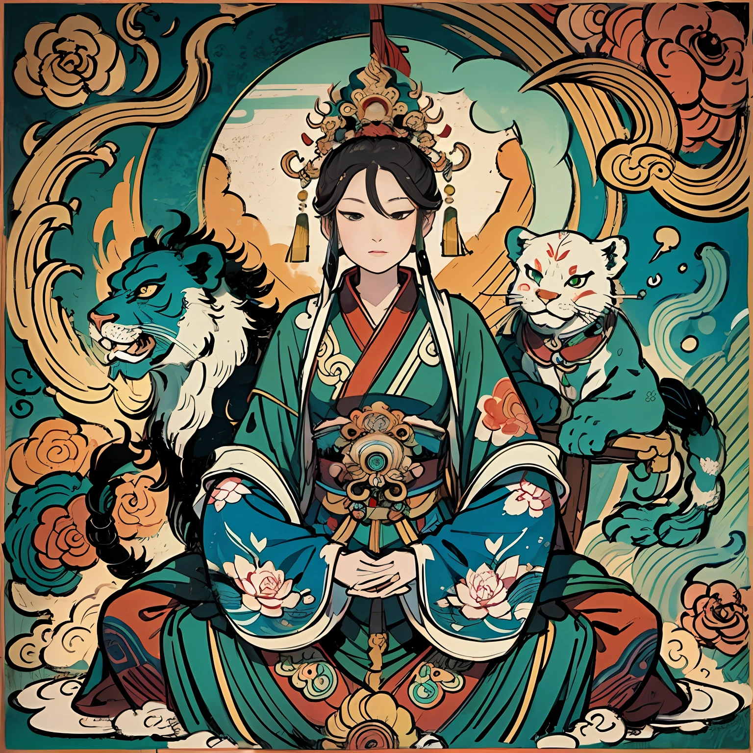 an ancient Chinese goddess, guanyin of the southern seas, Guanyin, Inspired by India, Avalokiteshvara rides a lion,,Serene expression,shui mo hua,Buddha,Buddhist,Lotus,Chinese painting style,Thangka style