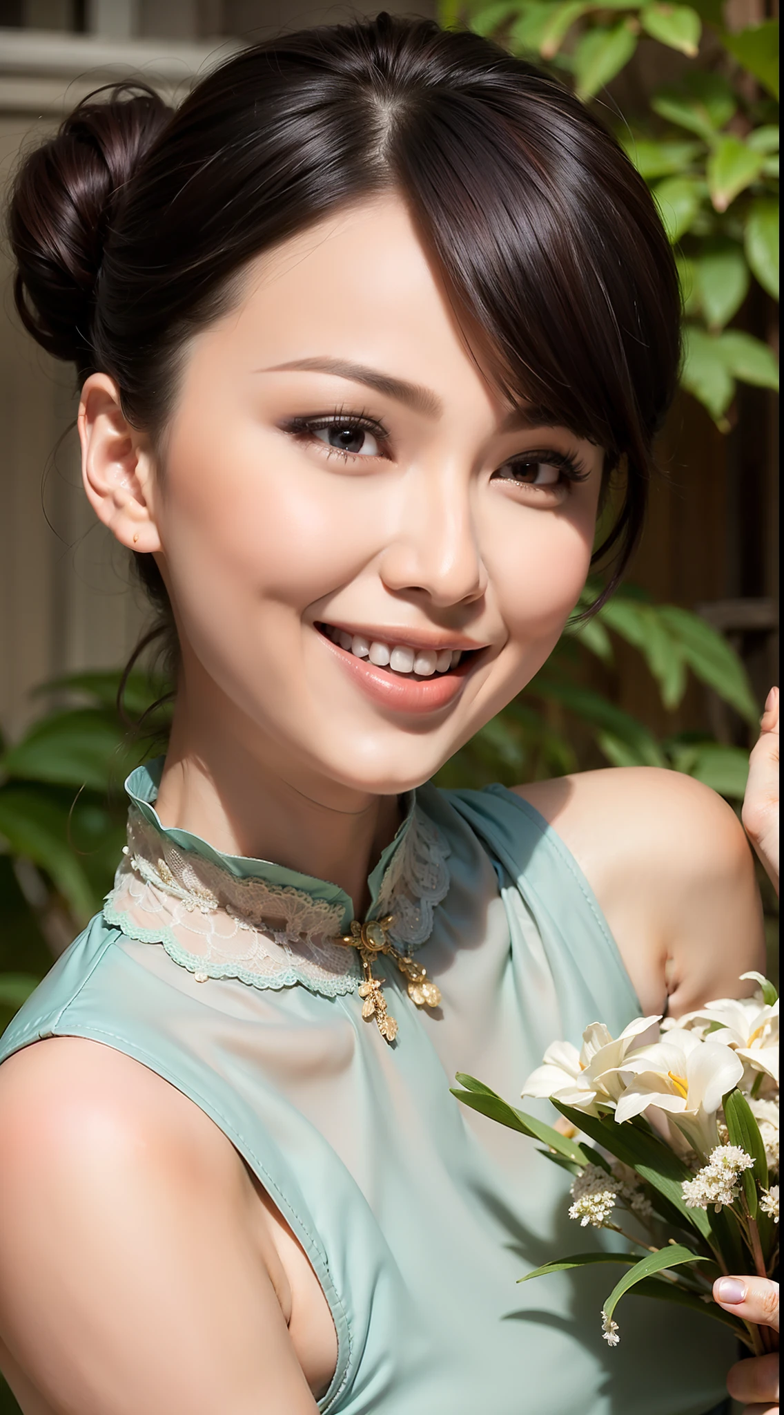 Fashion model 20 years old [[[[closeup cleavage]]]], [[[[boobgasm]]]], [[[[coll]]]], [[[[bshoulders]]]], perfect  eyes, Perfect iris，Perfect lips，perfect teeth，Perfect skin，with fair skin，Long face，slender nose，Soft front light，hdr，Movie girl，on cheongsam，The background is outdoor，Flowers and greenery，（pastel colour：1.2）