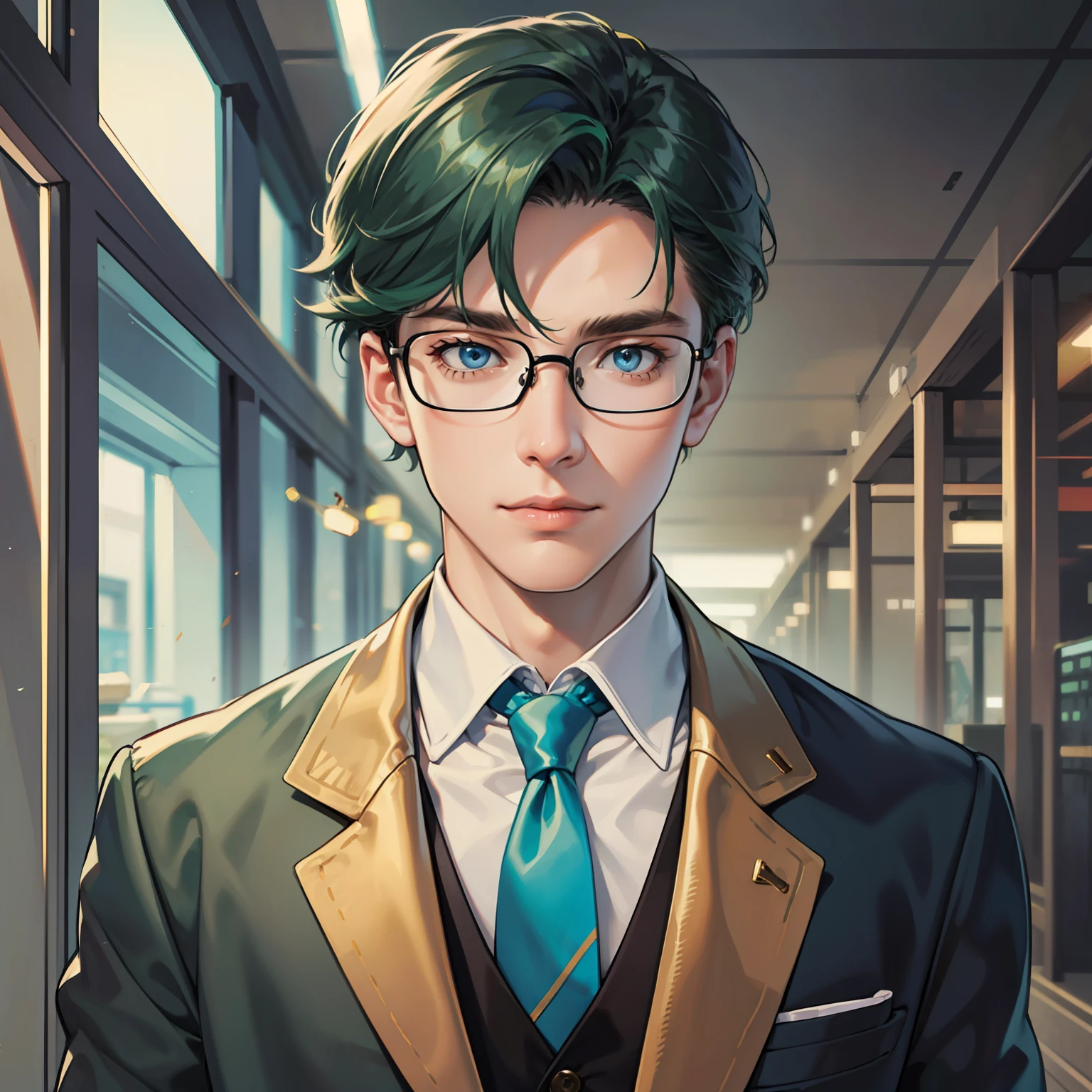 male people,Business suit,Dark green hair,Ice blue eyes,gold-wire glasses,Upper body portrait,Face focusing
