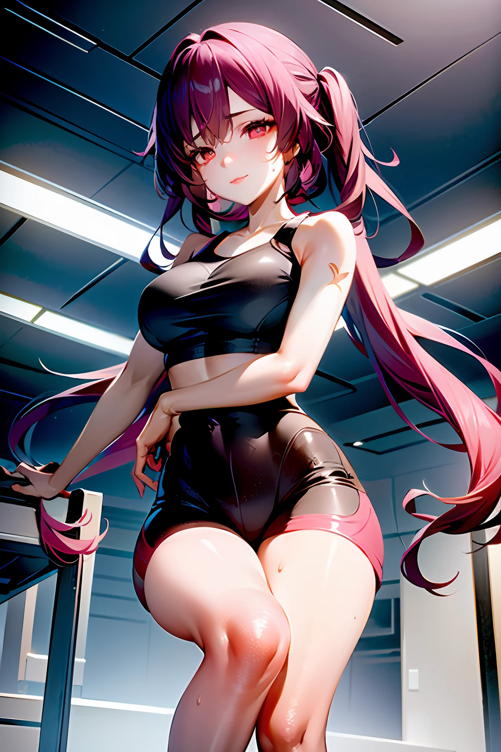 good hand, 4k, 1girl, ) a RAW portrait of a girl working out in the gym), perspiring, sweating, high resolution, masterpiece, best quality, head: 1.3, (Korean K-pop idol), chunli, twin tails, extremely cute and finely detailed skin, sharp focus, (cinematic lighting), collarbone, soft lighting, dynamic angle, [:(detailed face: 1.2): 0.2], thigh space, slim body, ((medium breasts)), full body, ((gym attire)), (gym shorts), tank top, gym background, gym equipment, (anime, official_art: 1.1), (anime screenshot: 1.1), (1girl, solo focus: 1.2), (fisheye: 0.9), ray tracing: 0.5, depth of field: 1.0, bokeh: 0.6, god rays: 1.0, vivid colors: 0.8, Cinematic hard lighting: 0.7, Realistic shadows: 1.2,
