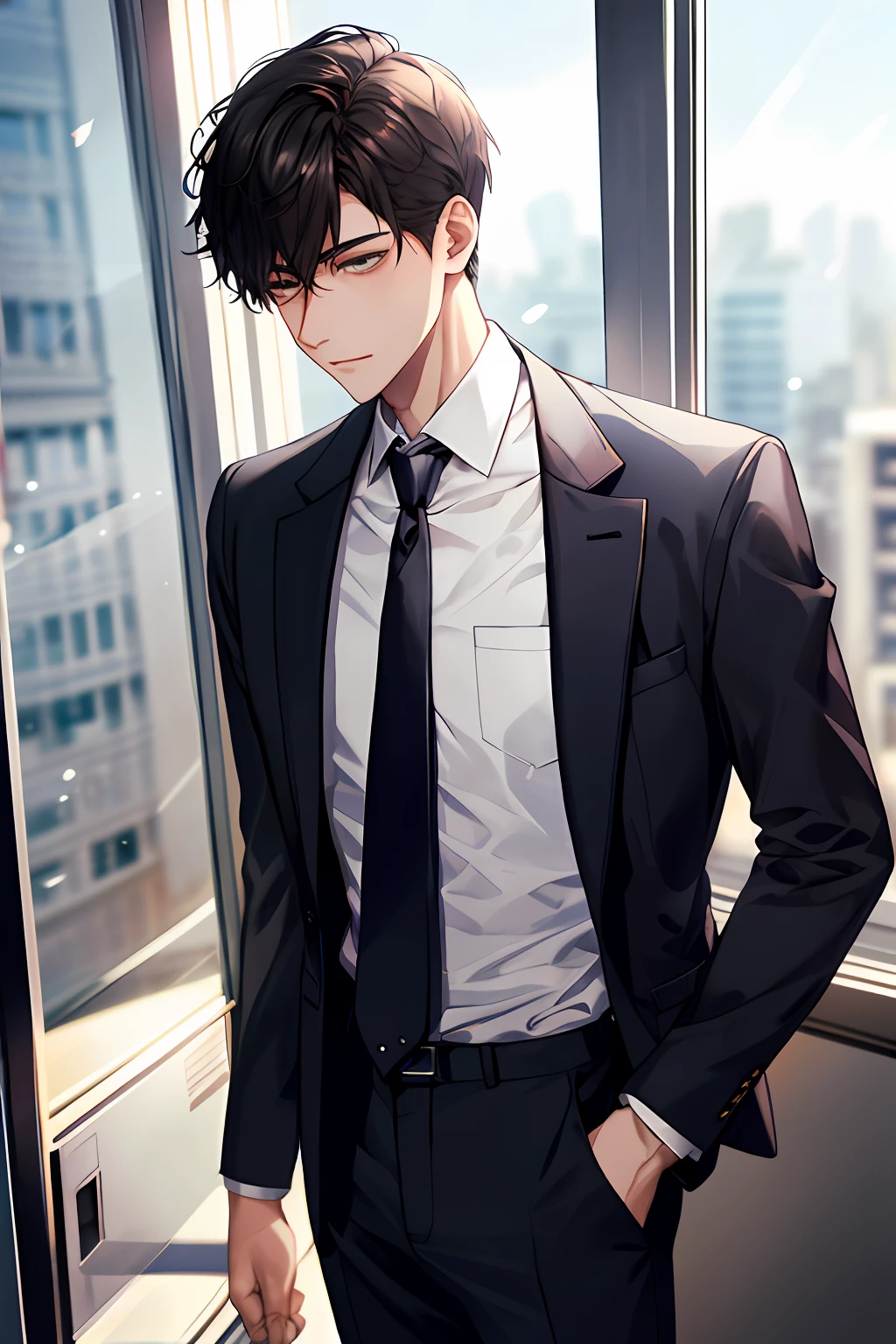 1boy, face focus, adult, business suit, jacket, white shirt, necktie, pants, best quality, hires, detailed face, office, buildings from window, detailed background, diffused sunlight, depth of field, bokeh