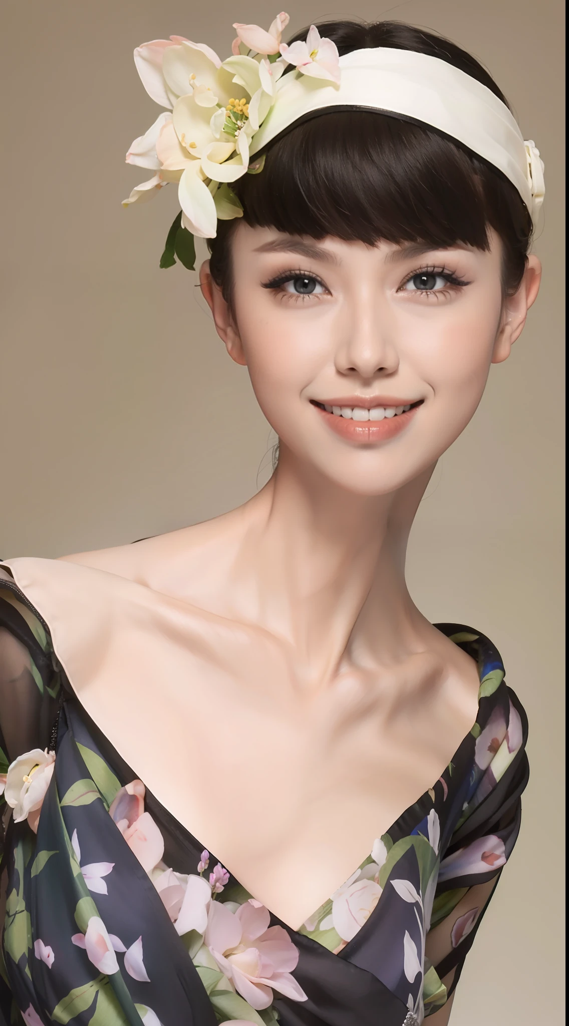 Fashion model 20 years old [[[[closeup cleavage]]]], [[[[boobgasm]]]], [[[[coll]]]], [[[[bshoulders]]]], perfect  eyes, Perfect iris，Perfect lips，perfect teeth，Perfect skin，with fair skin，Long face，slender nose，Soft front light，hdr，Movie girl，Casual，ssmile，The background is outdoor，Green trees and flowers，（pastel colour：1.2）