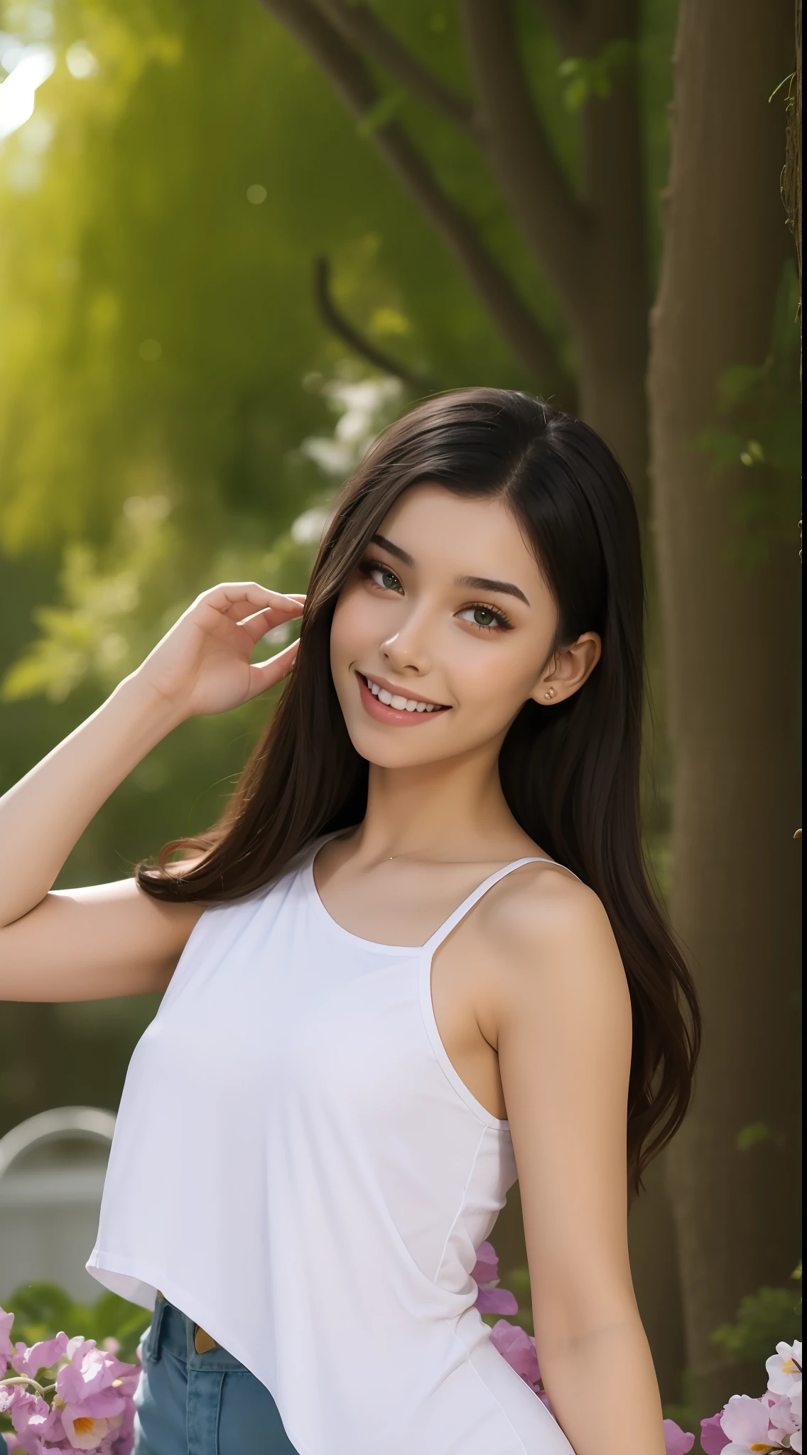 Fashion model  [[[[closeup cleavage]]]], [[[[boobgasm]]]], [[[[coll]]]], [[[[bshoulders]]]], perfect  eyes, Perfect iris，Perfect lips，perfect teeth，Perfect skin，with fair skin，Soft front light，hdr，Movie girl，Casual，ssmile，The background is outdoor，Green trees and flowers，（pastel colour：1.2）