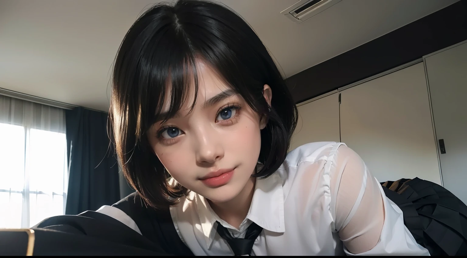 (unparalleled masterpiece, ultra realistic 8k CG, perfect artwork, perfect female figure,dramatic shadow,ray tracing),( spotlight,perfect lighting,detailed light,dramatic shadow,ray tracing),(clean,shiny skin,detailed face, super idol face,an extremely delicate and beautiful:1.2),from below,extreamly delicate and beautiful,illustration,classroom,1girl, black hair,bangs,black pantyhose,(school uniform), serafuku, (pleated skirt),blue eyes, seductive smile, smile, short blonde hair,looking at viewer,