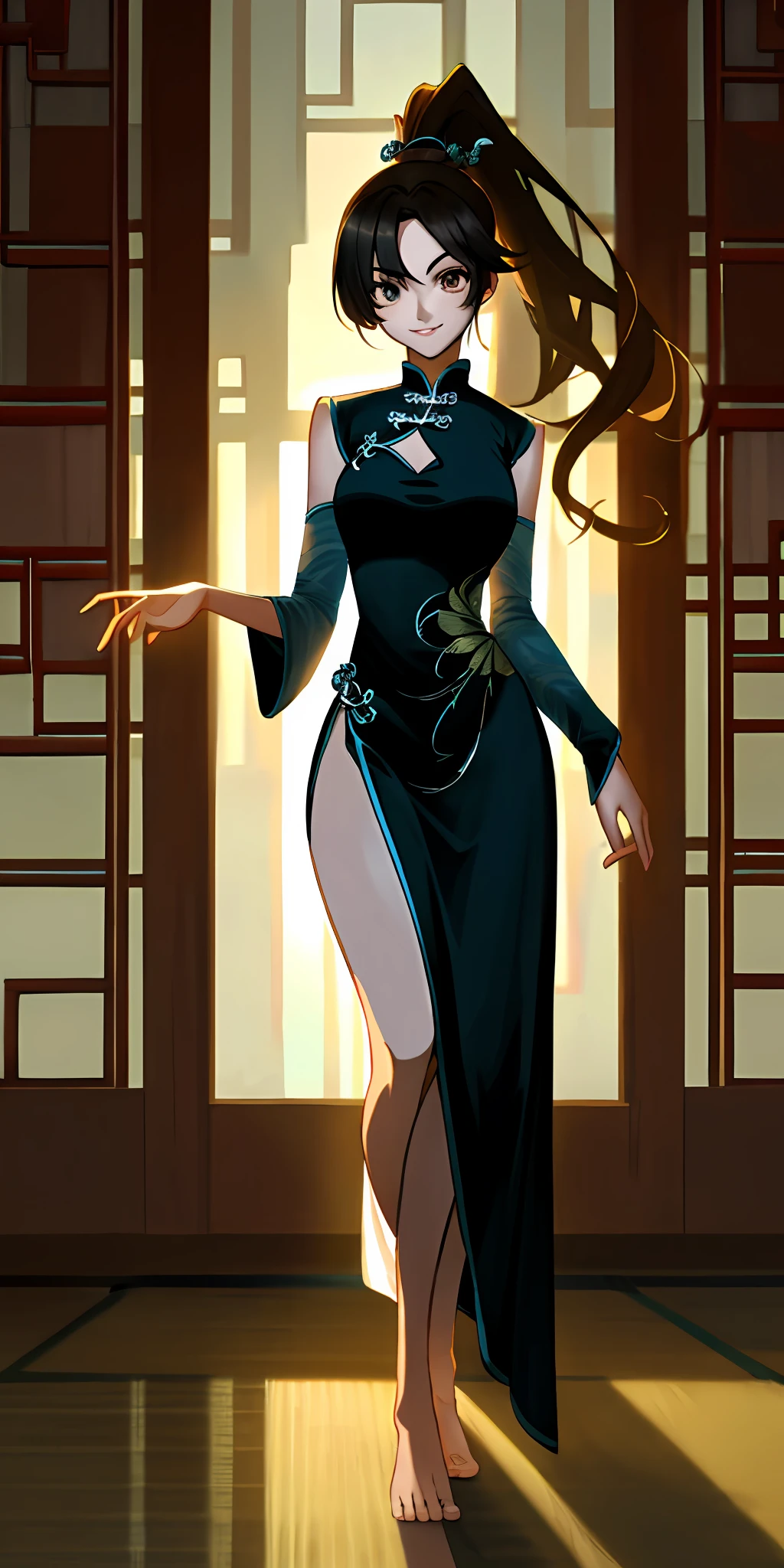 masterpiece, best quality, highres, ultra high res,anime,1 female,evening,Tyndall effect,looking at viewer,indoor,full body,hair ornament,smile,chinese clothes style,robe,long skirt,city,leaf,normal body shape,round face,high ponytail,long hair,details eyes,details lips,medium breasts,medium waist,slim thighs,barefoot