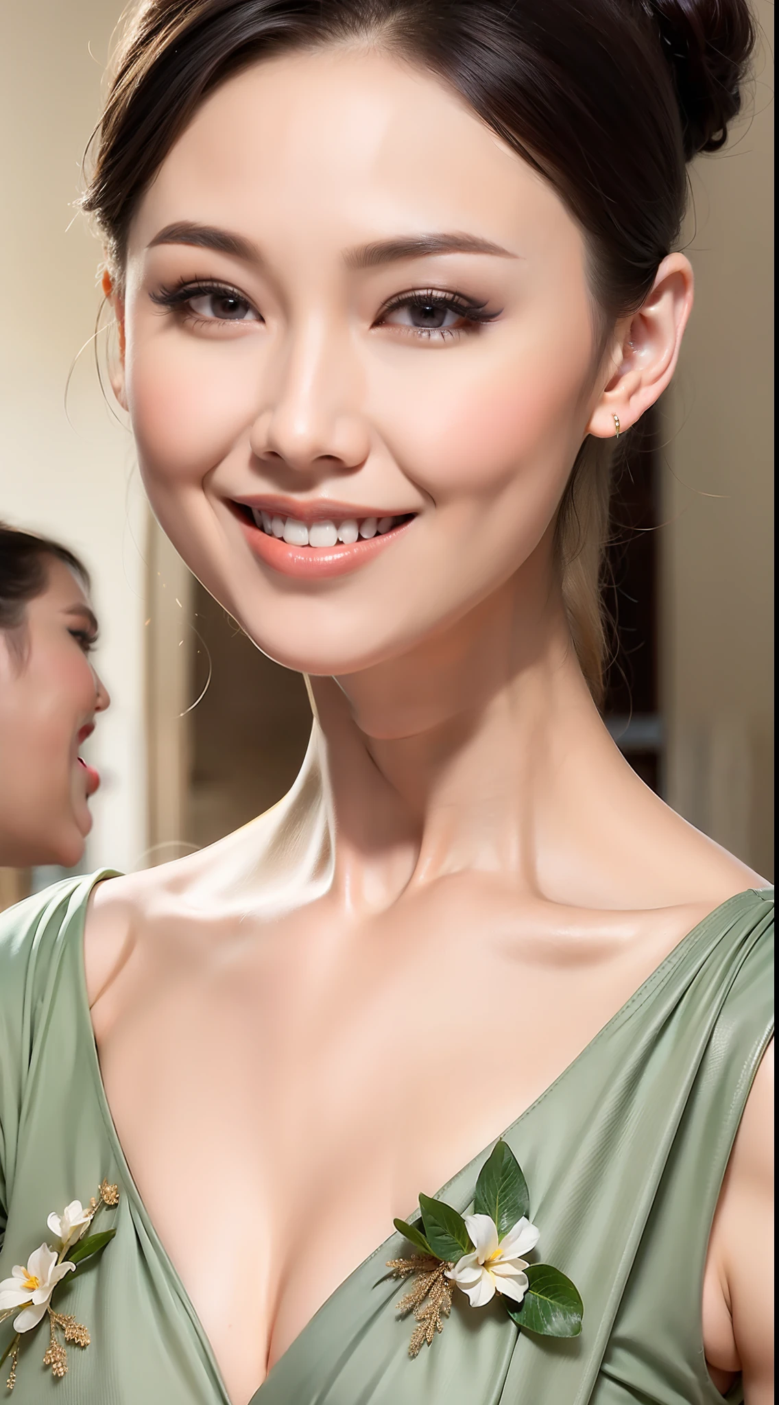 Fashion model 20 years old [[[[closeup cleavage]]]], [[[[boobgasm]]]], [[[[coll]]]], [[[[bshoulders]]]], perfect  eyes, Perfect iris，Perfect lips，perfect teeth，Perfect skin，with fair skin，Long face，slender nose，Soft front light，hdr，Movie girl，period costume，Hanfu，The background is outdoor，Flowers and greenery，（pastel colour：1.2）