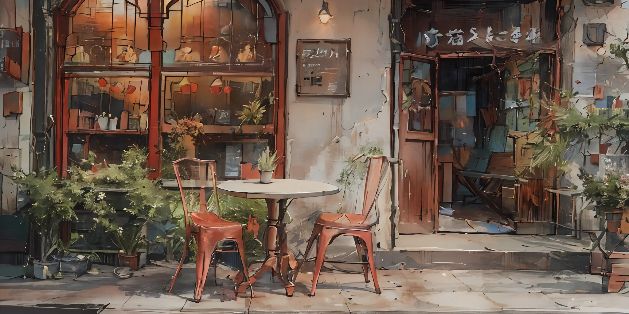 high-level image quality、ultra-detailliert、cafes、window, a chair, The table, door, potted plant_plant, vases, flower_..jar, florals、Red Post、Retro Bikes、Retro Cars、Retro Signs、landscapes,