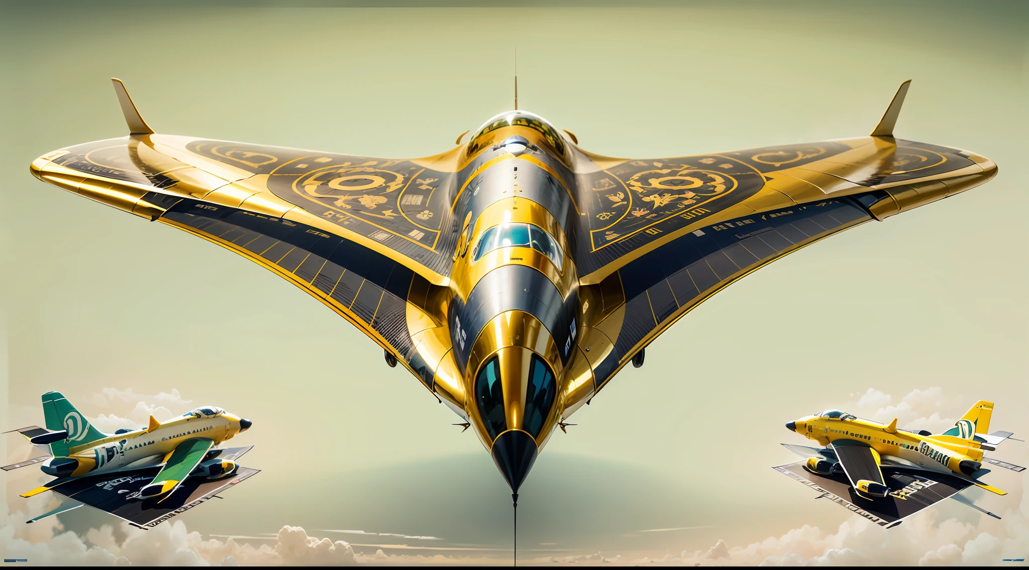 Arabian science fiction luxury small airliner . A fusion of Arabian luxury and science fiction,The entire fuselage and propellers were covered with gold decorations,inlaid gemstones,Arabic decorative motifs,The flat statue of the silver eagle adorns the nose,A large number of high-tech products,Streamlined,.The design is perfect, Combining high-tech and Arabian characteristics.The fuselage is streamlined, moving rapidly,The rear is slightly raised,Improve aerodynamic efficiency. . The fuselage is dominated by gold, Bold, white and black. It may also have Arabic inscriptions on its body,More visible on the road。Under the light, It shows a more luxurious effect, Add a sense of technology to luxury airliners. . The background may be the airport of a future Arab megacity,In the sky,Perfectcomposition,the detail,The light and shadow work best,HighestQuali,tmasterpiece