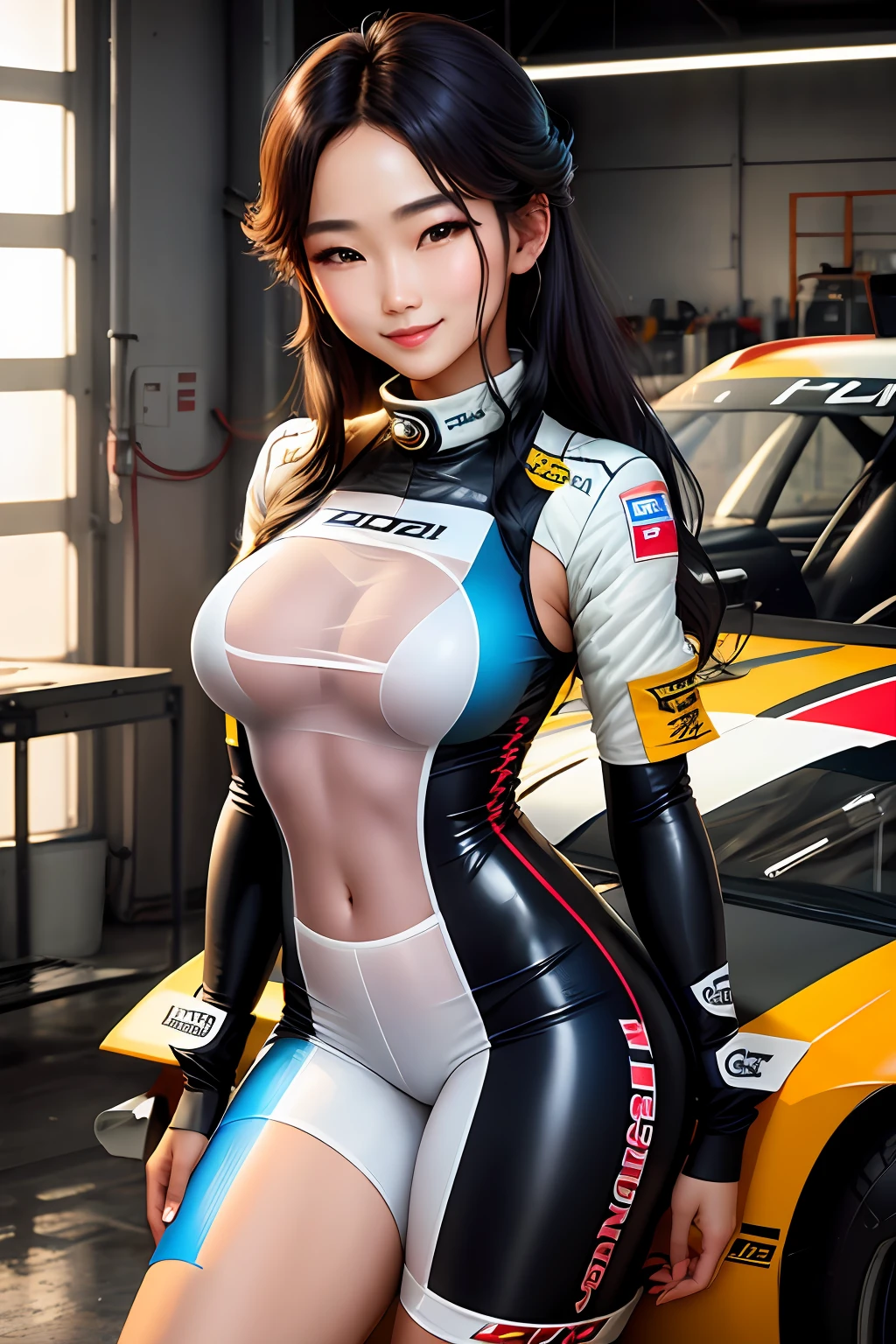 "Smiling Korean model wearing sexy tight transparent mechanic outfit in a race car workshop."